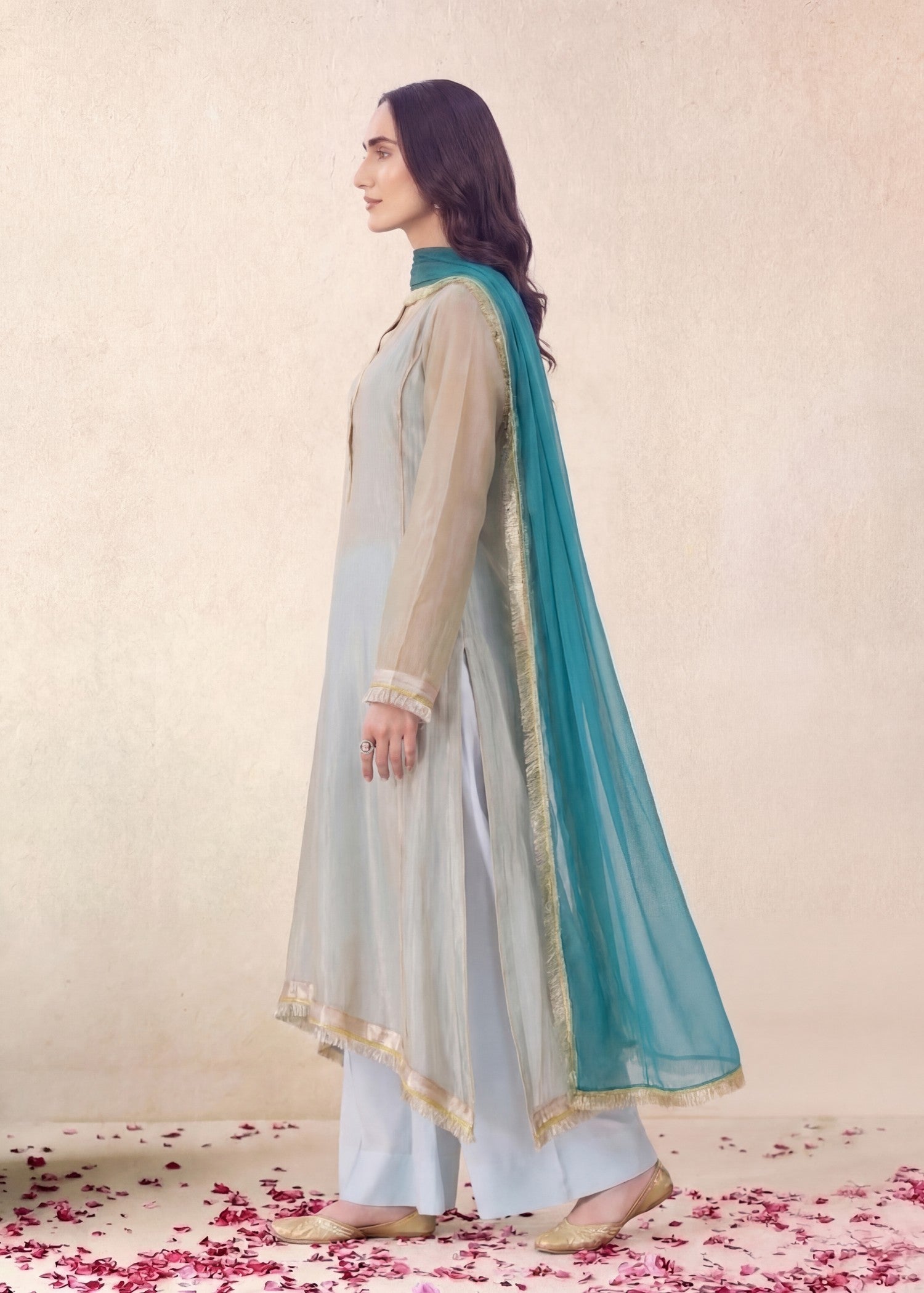 zari net Kurta Set in Aquamarine