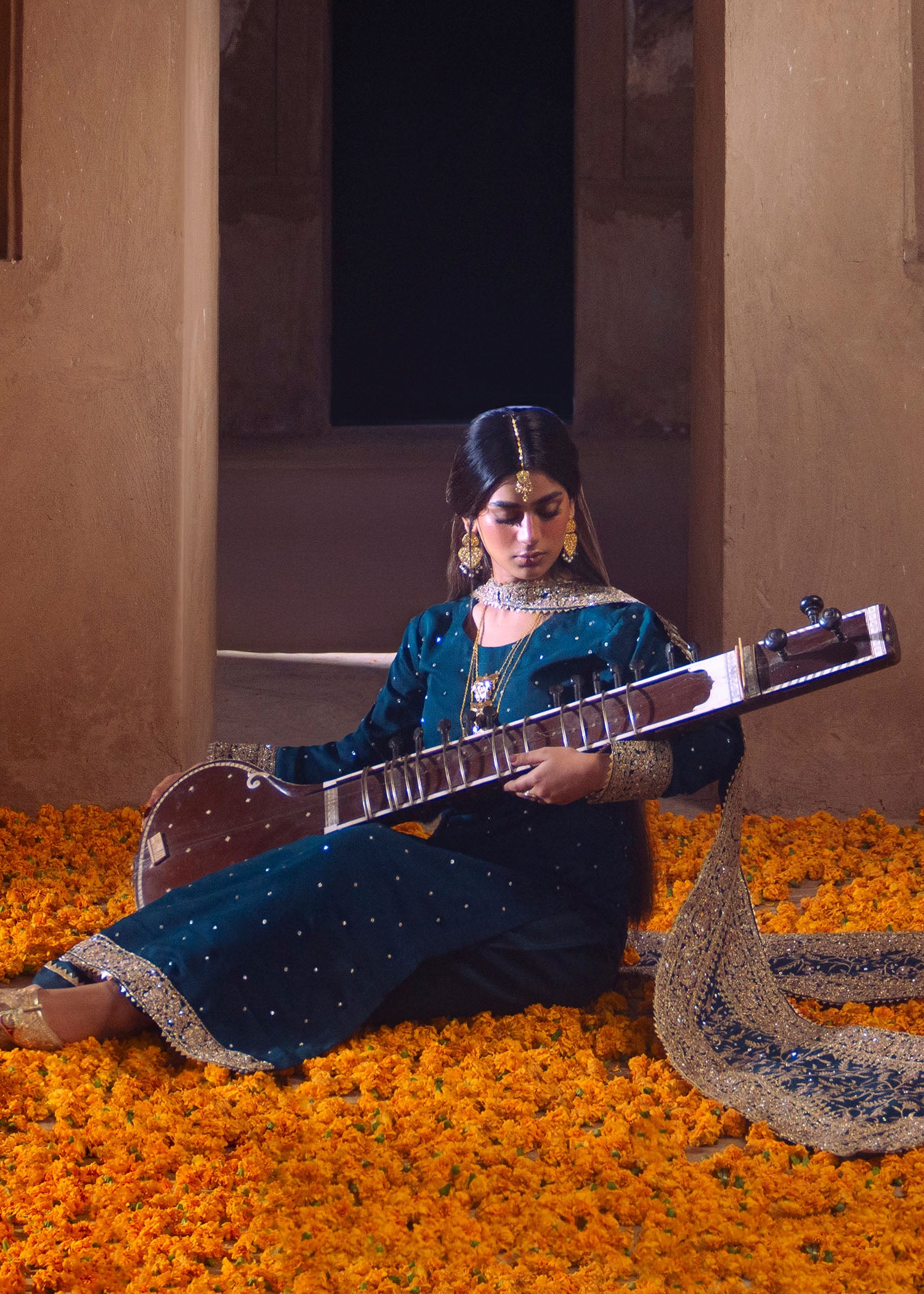 chiffon Kurta Set in Cobalt blue