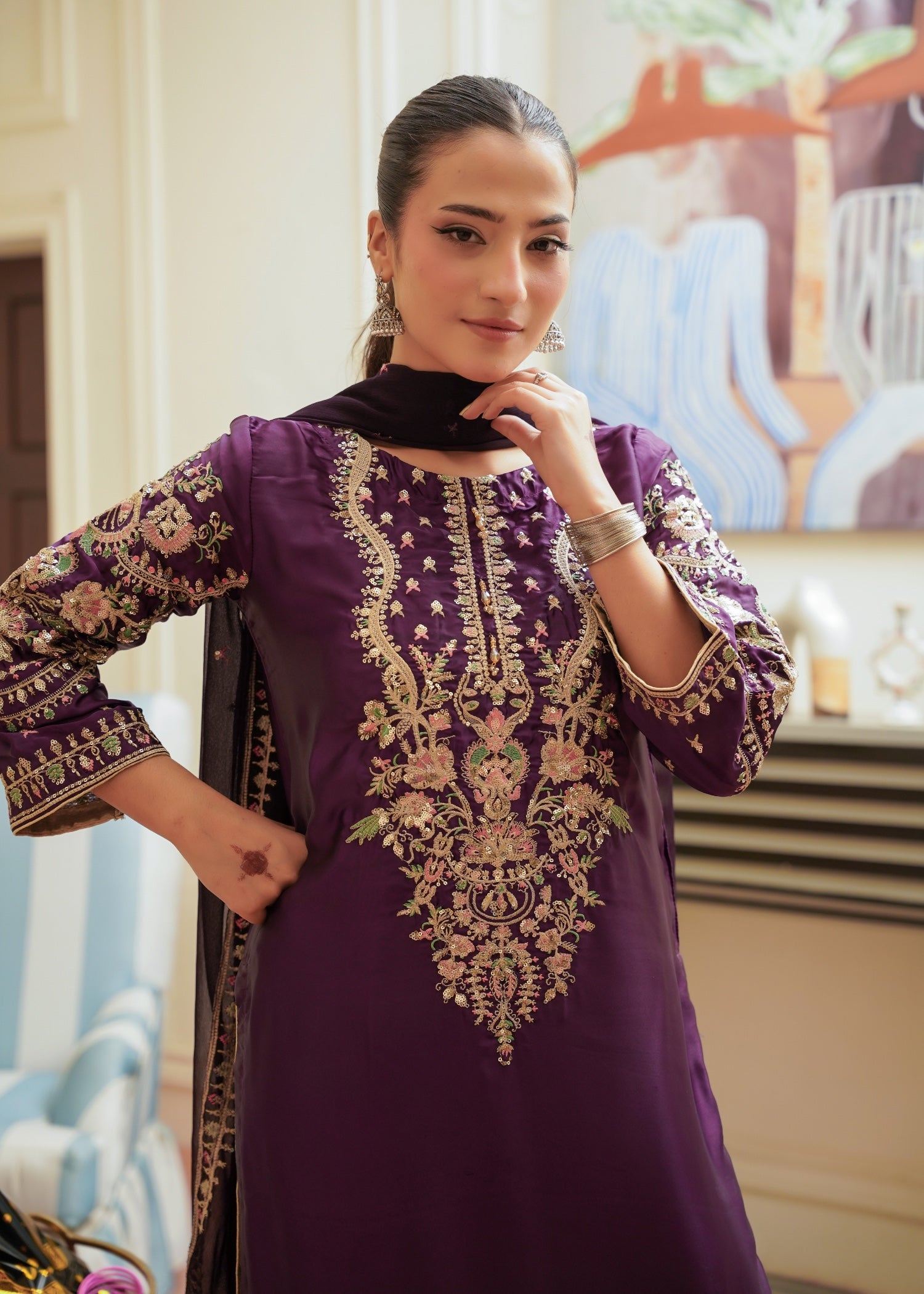 silk Kurta Set in Plum