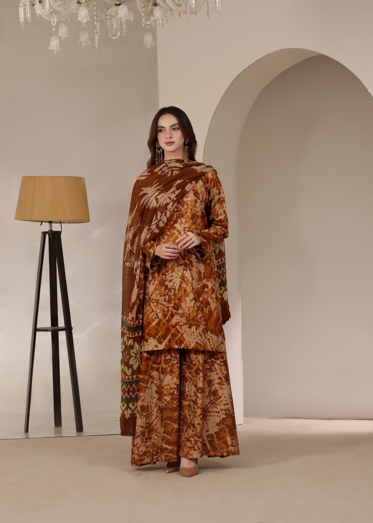 lawn Kurta Set in Hazelwood brown
