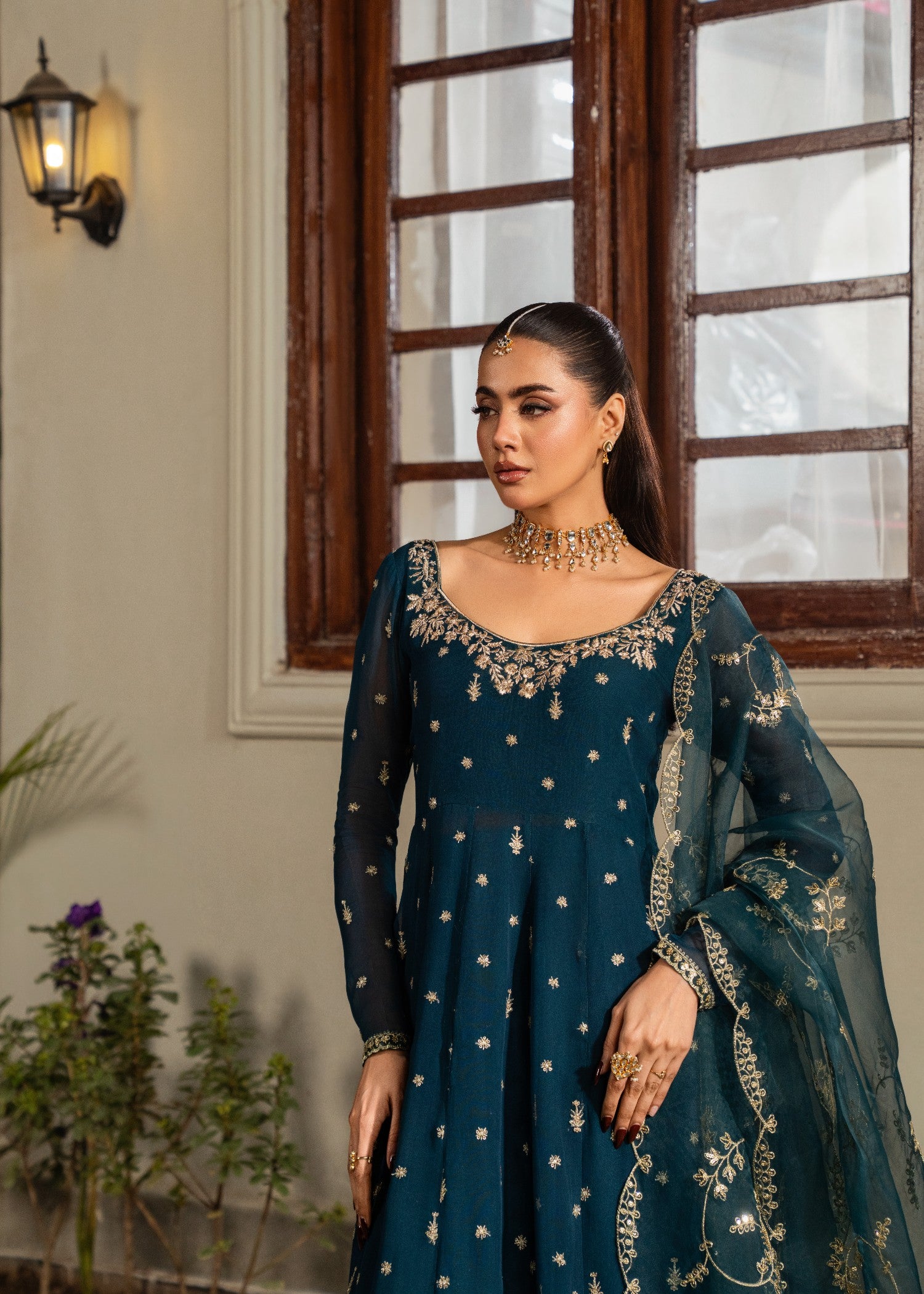 chiffon Pishwas in Bottle green