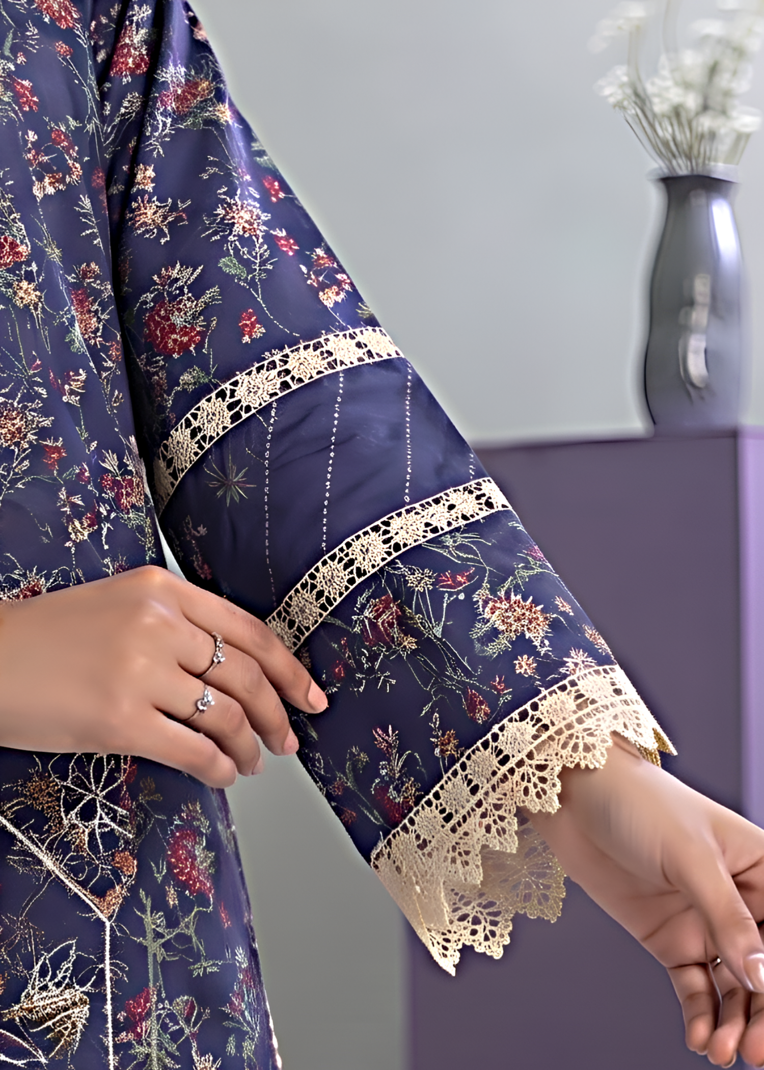 lawn Kurta Set in Midnight blue