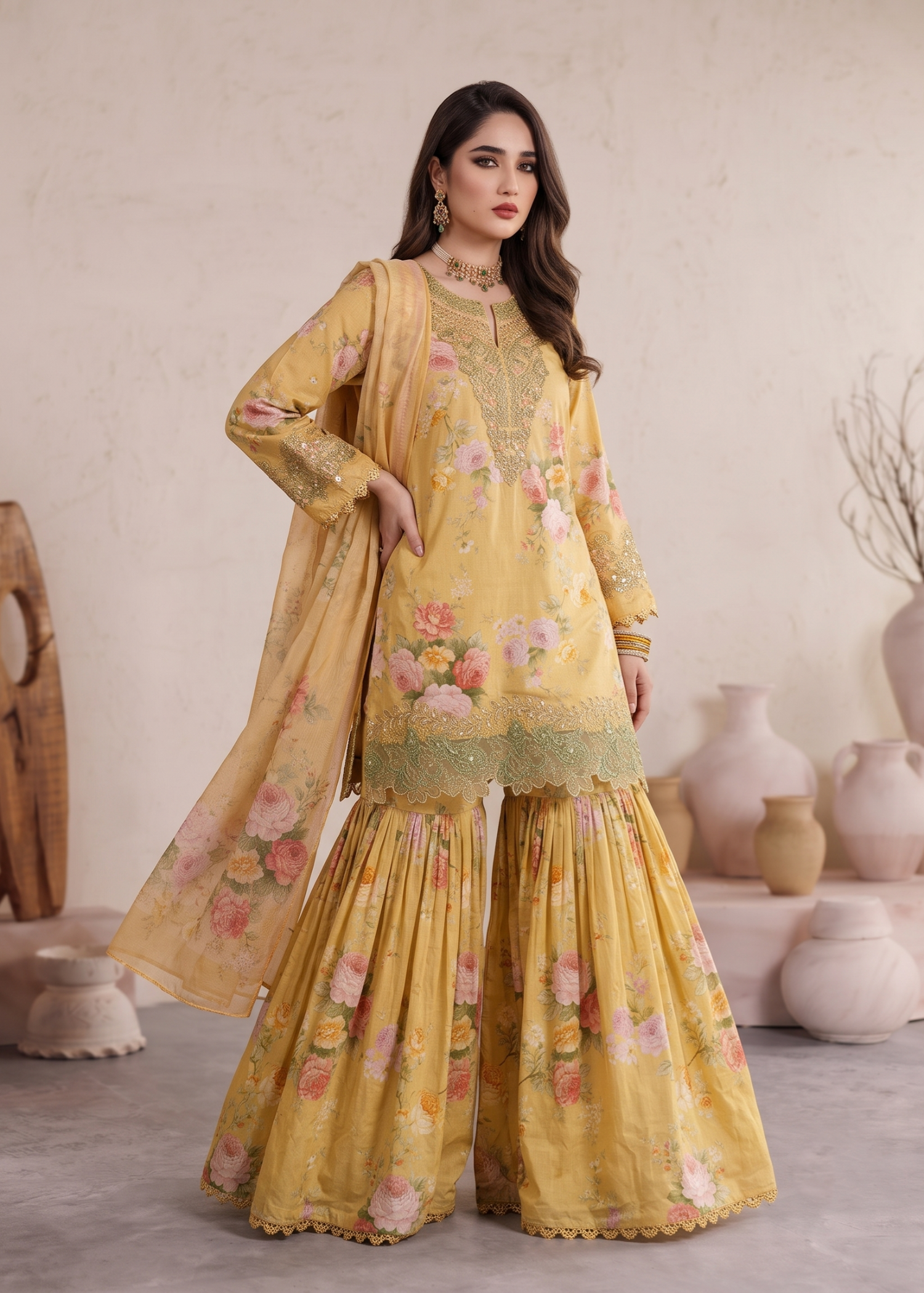 lawn Gharara in Yellow