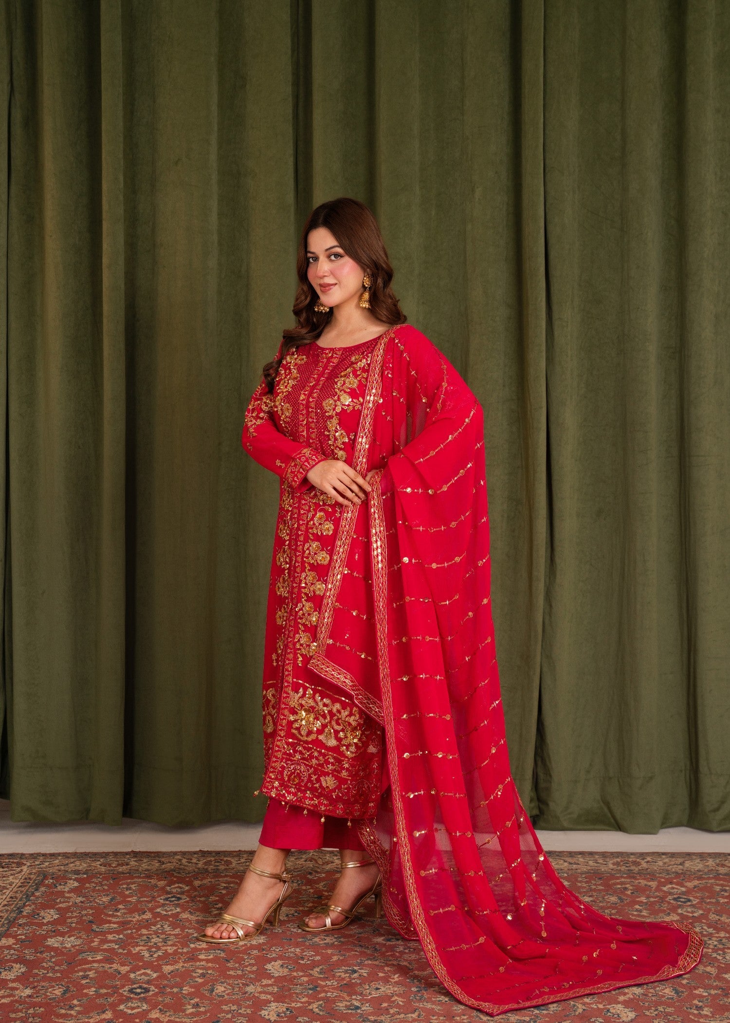 crinkle chiffon Kurta Set in Hot pink