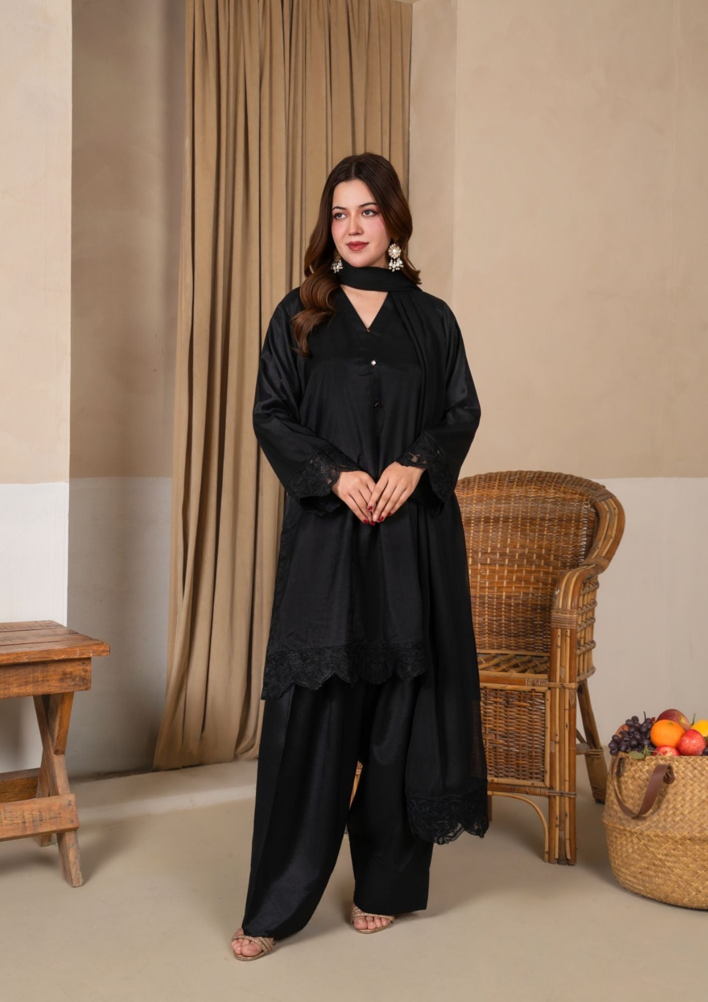 viscose raw silk Kurta Set in Black