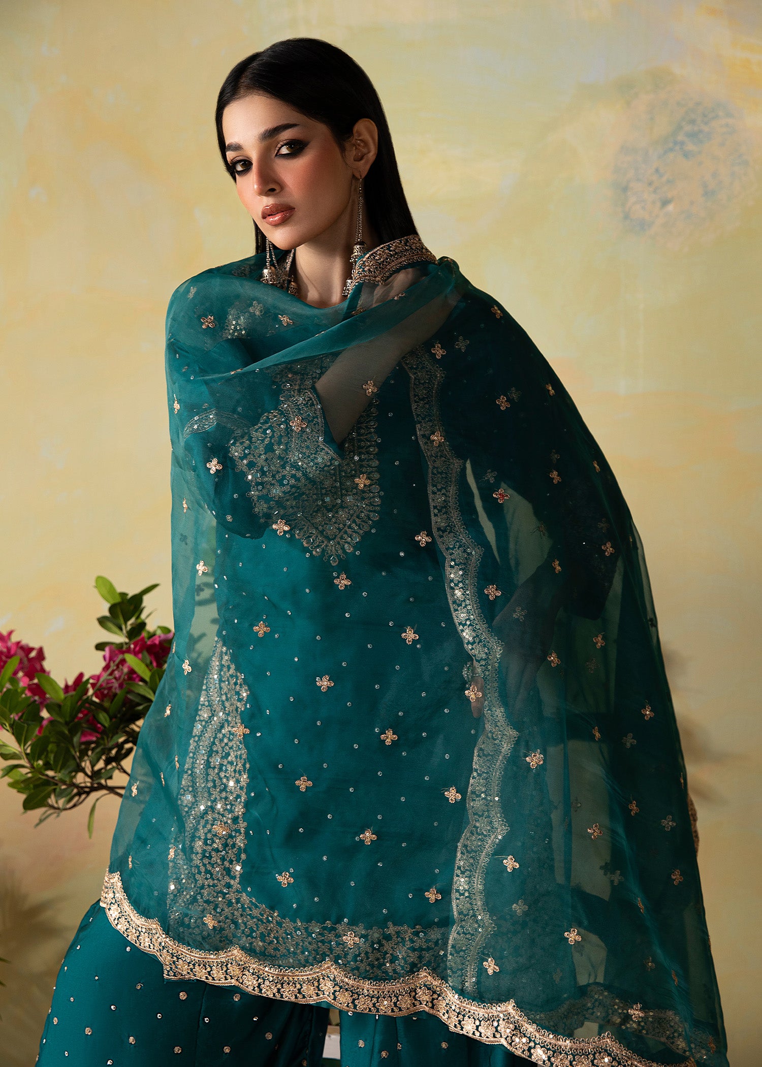 silk charmeuse Kurta Set in Teal