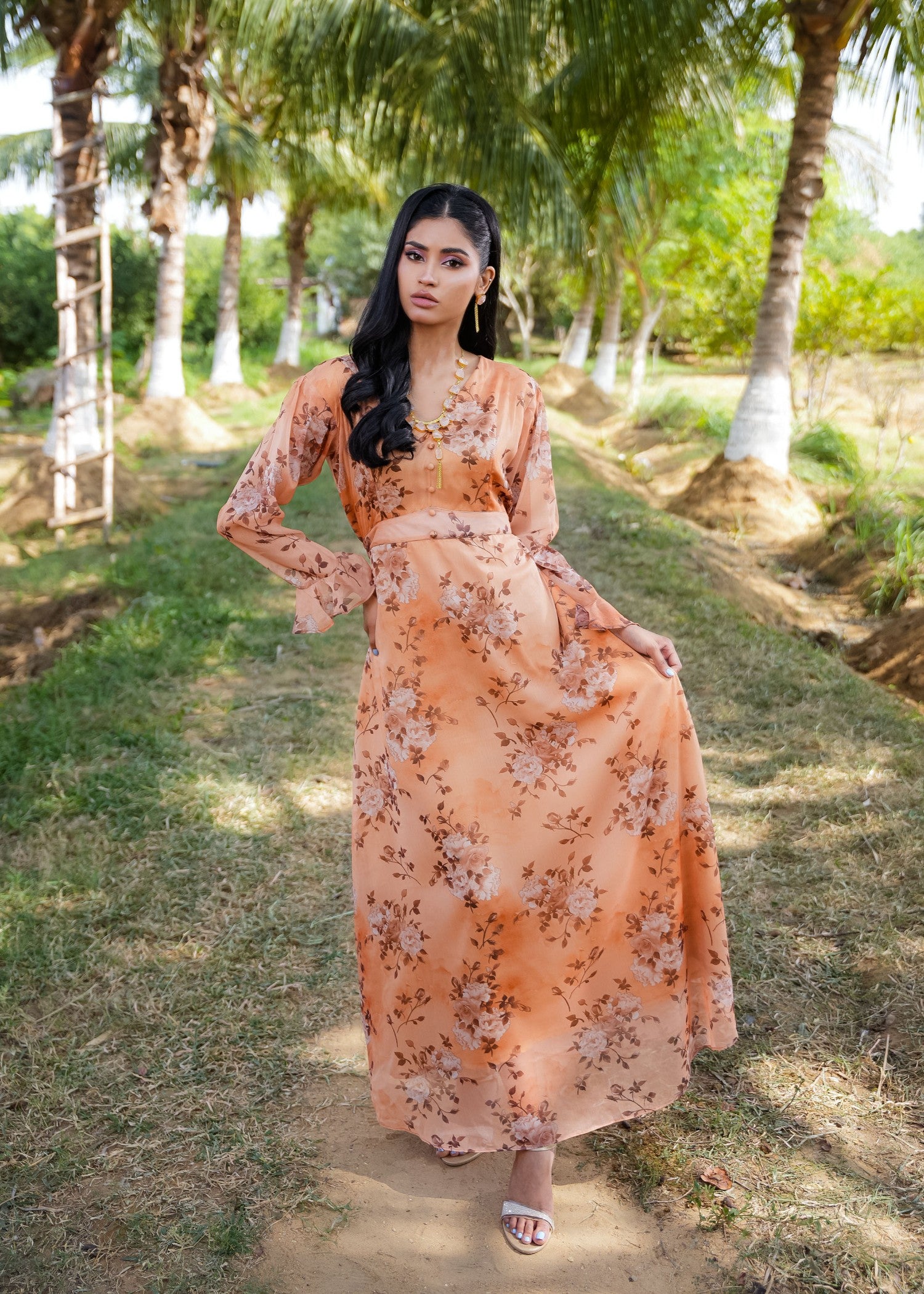 silk charmeuse Maxi in Peach orange