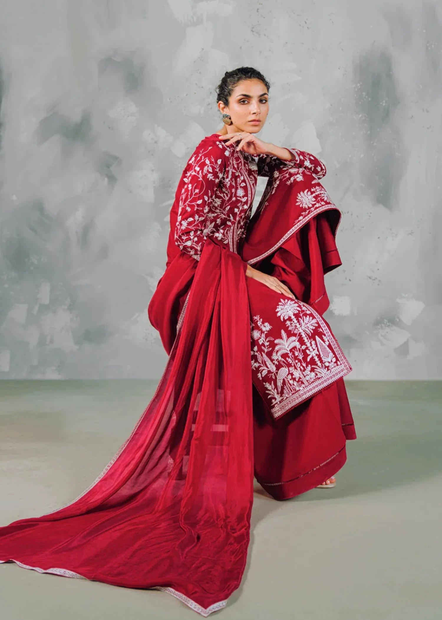 korean raw silk Kurta Set in Cherry red