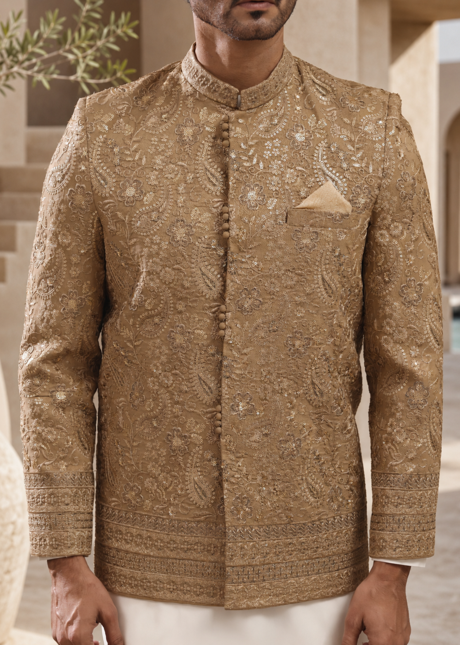 jamawar Prince Coat in Tan brown