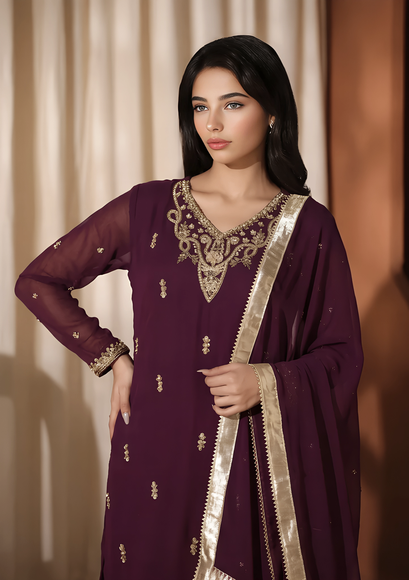 chiffon Gharara in Plum purple