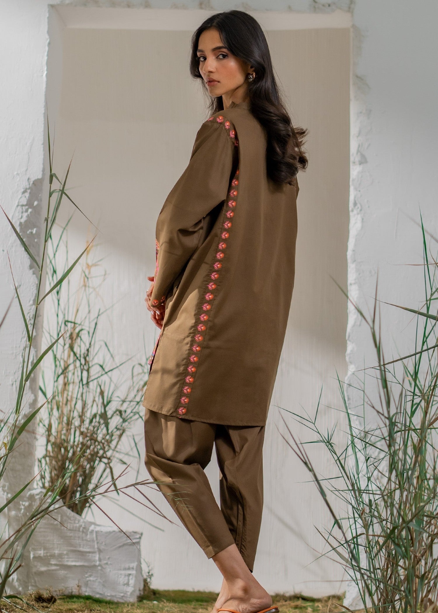 poly lawn Kurta Set in Coffee brown