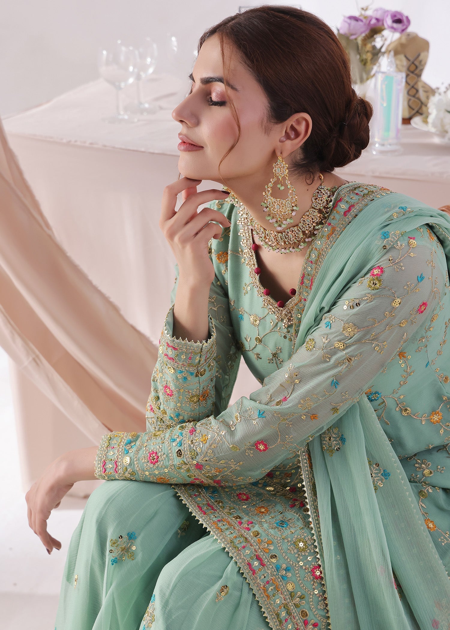 chiffon Gharara in Aquamarine
