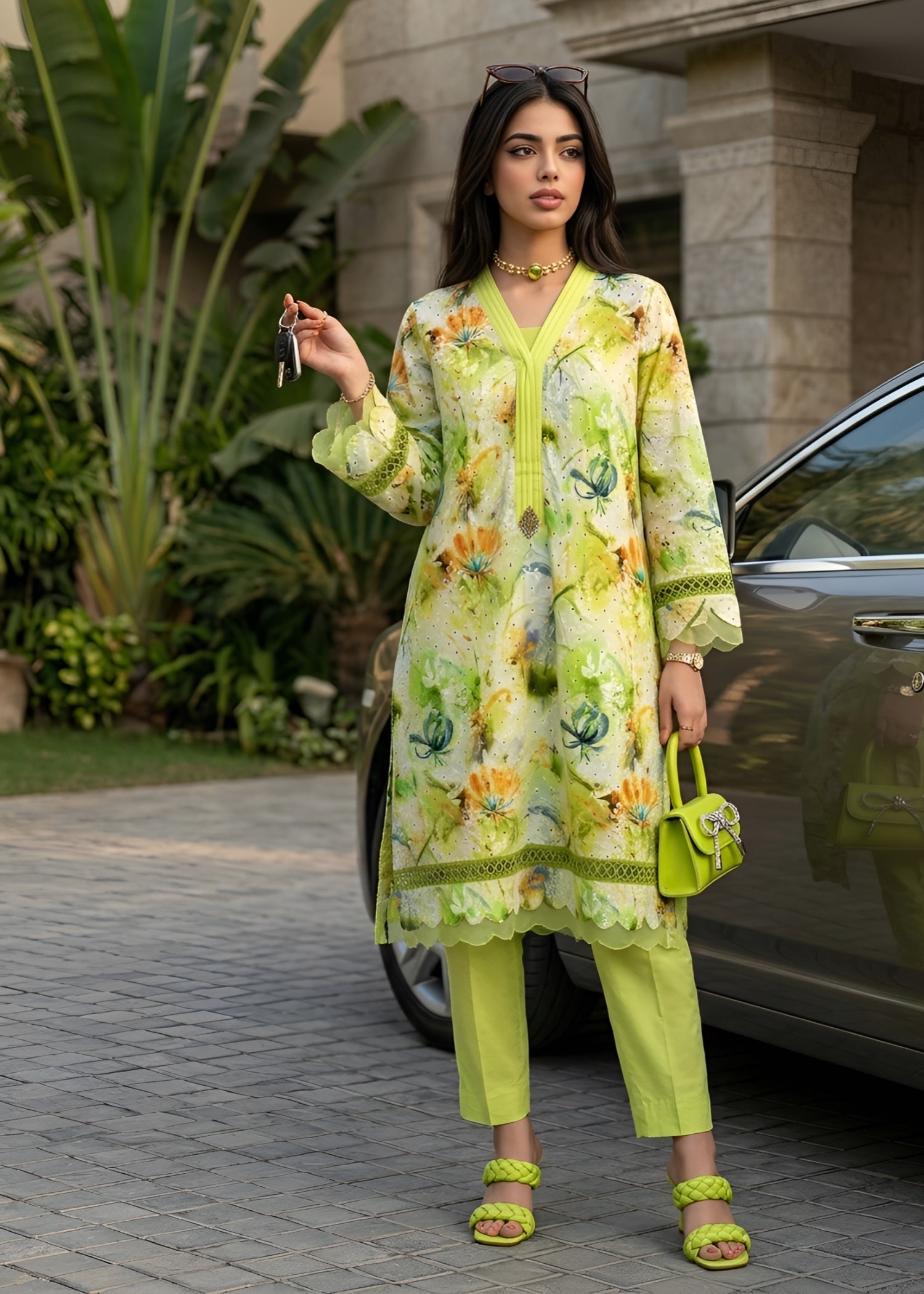 lawn Kurta Set in Key lime, coral orange, pine green