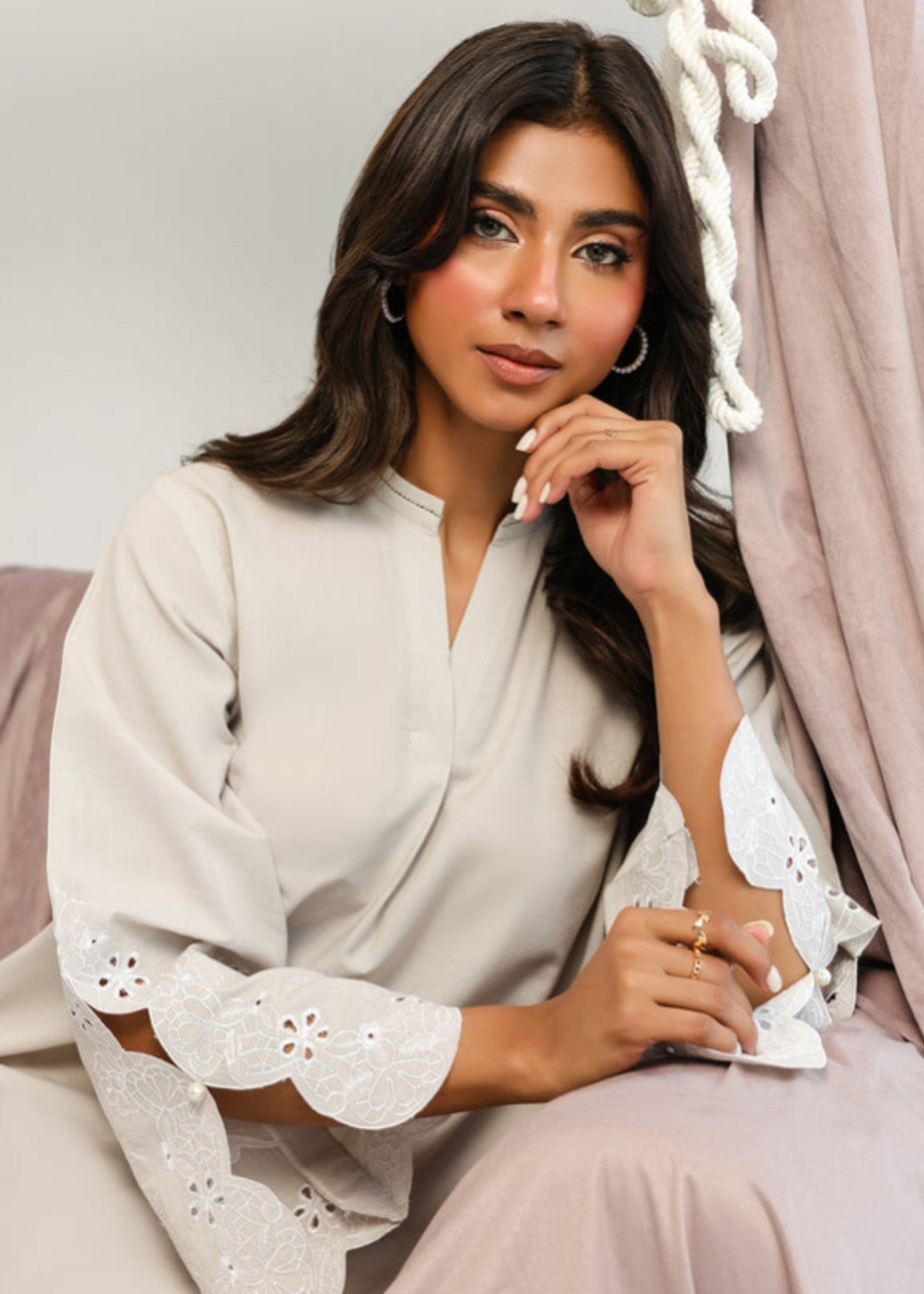 cambric Kurta Set in Light grey