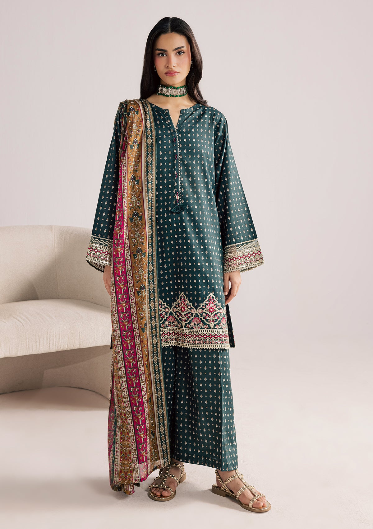 lawn Kurta Set in Forest green