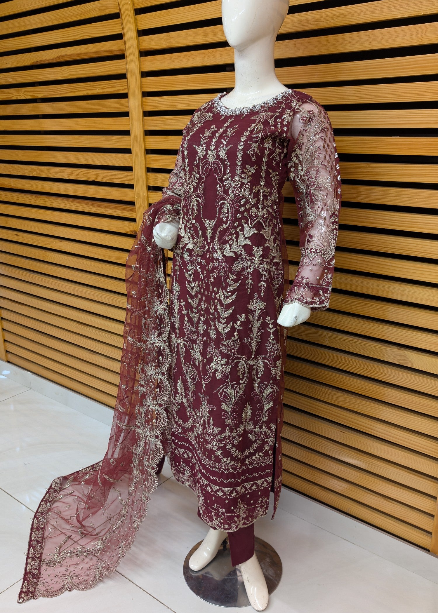 net Kurta Set in Burgundy