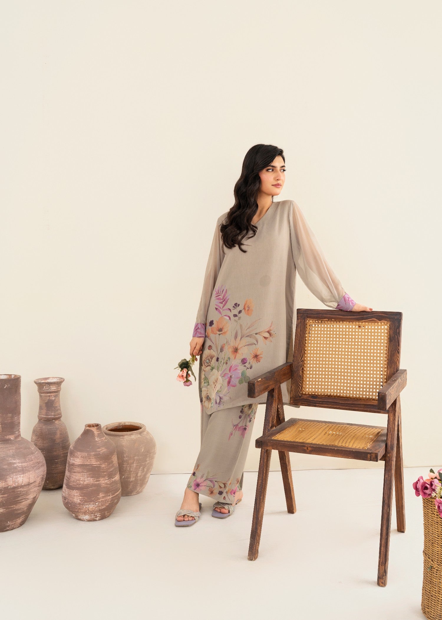 silk Kurta Set in Ash grey