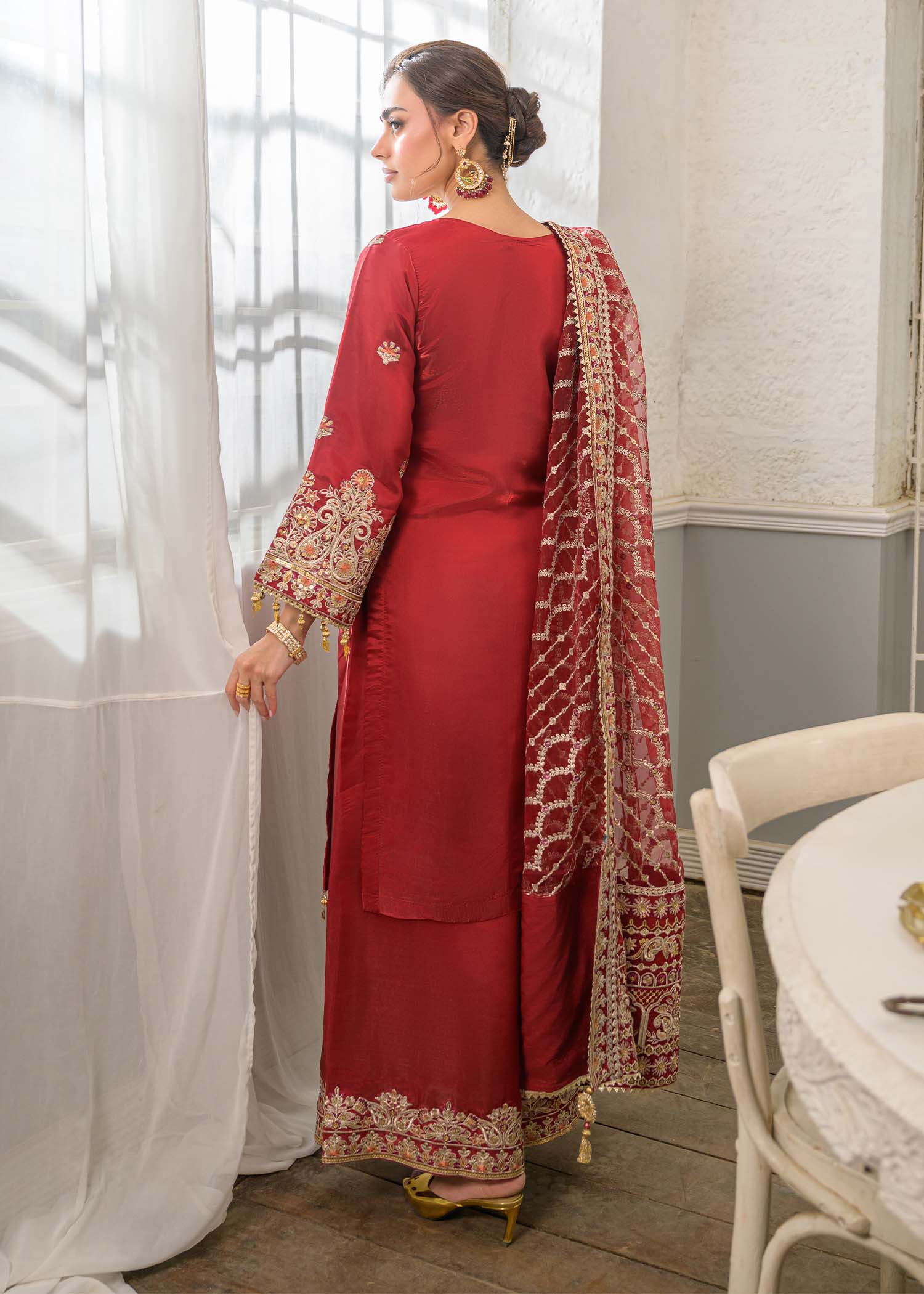 silk charmeuse Kurta Set in Crimson