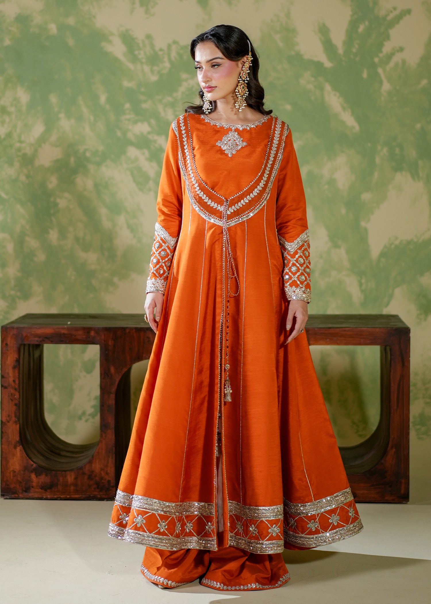 raw silk Pishwas in Rust orange, rust red