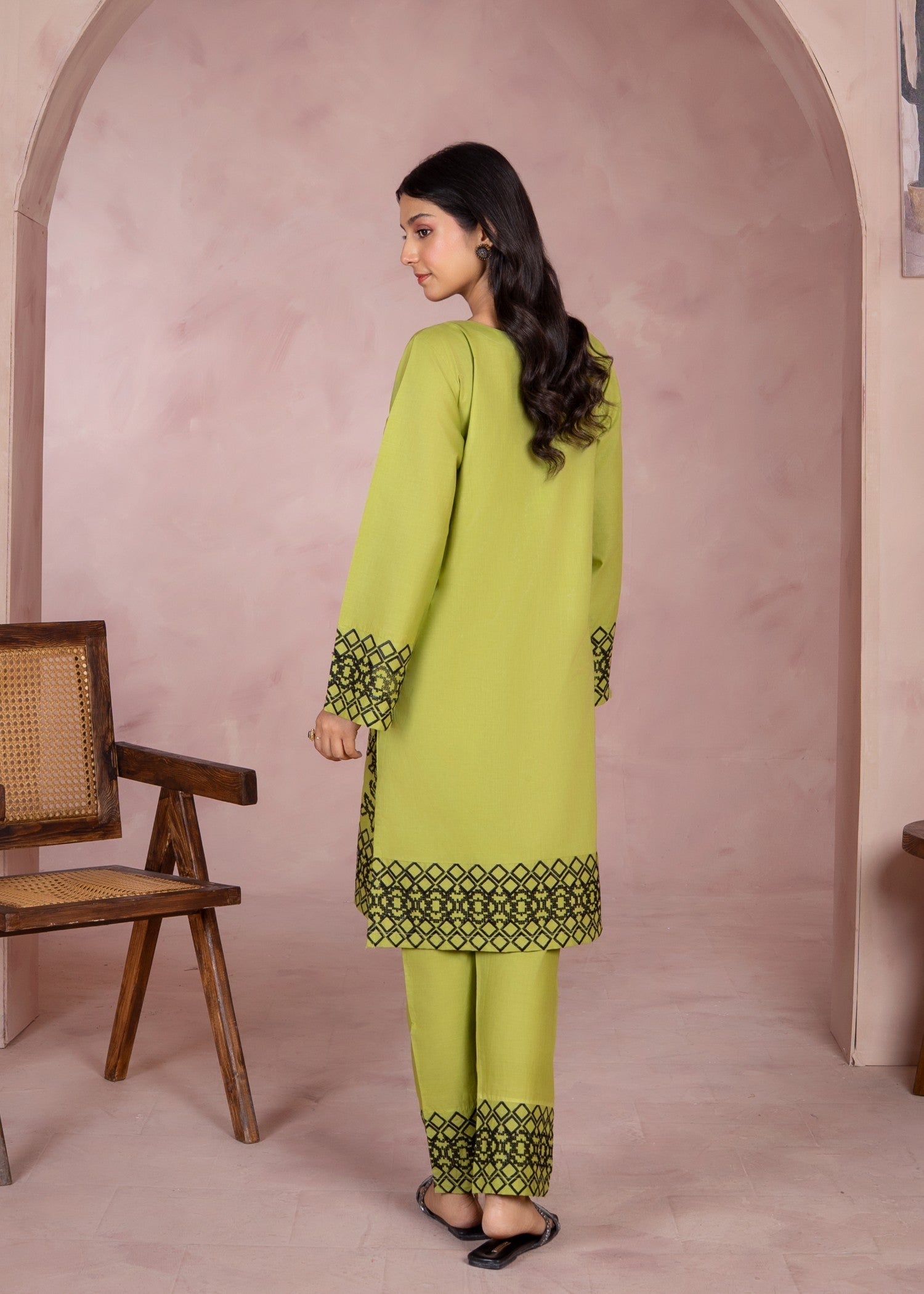 lawn cotton Kurta Set in Yellow green