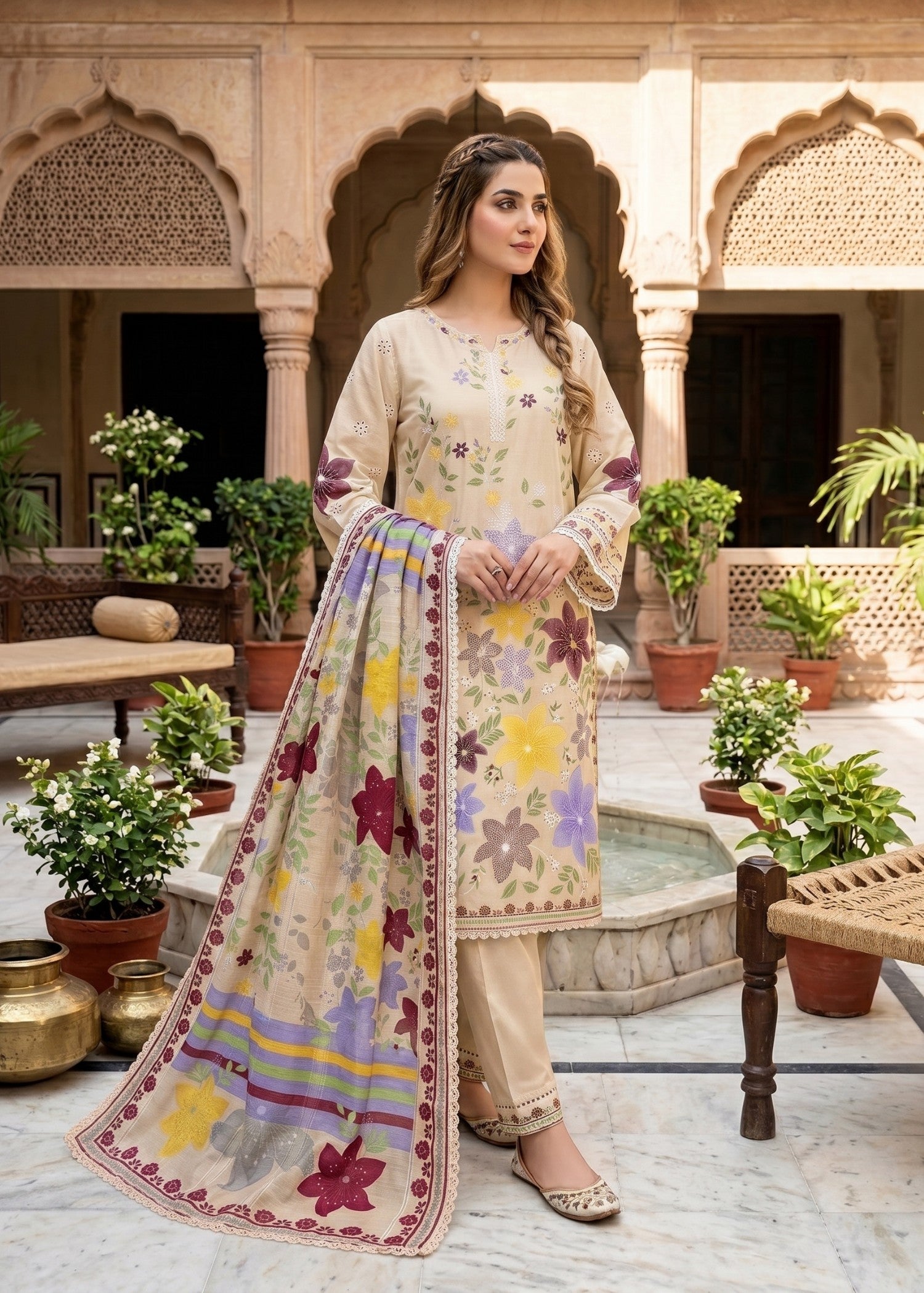 lawn cotton Kurta Set in Wheat