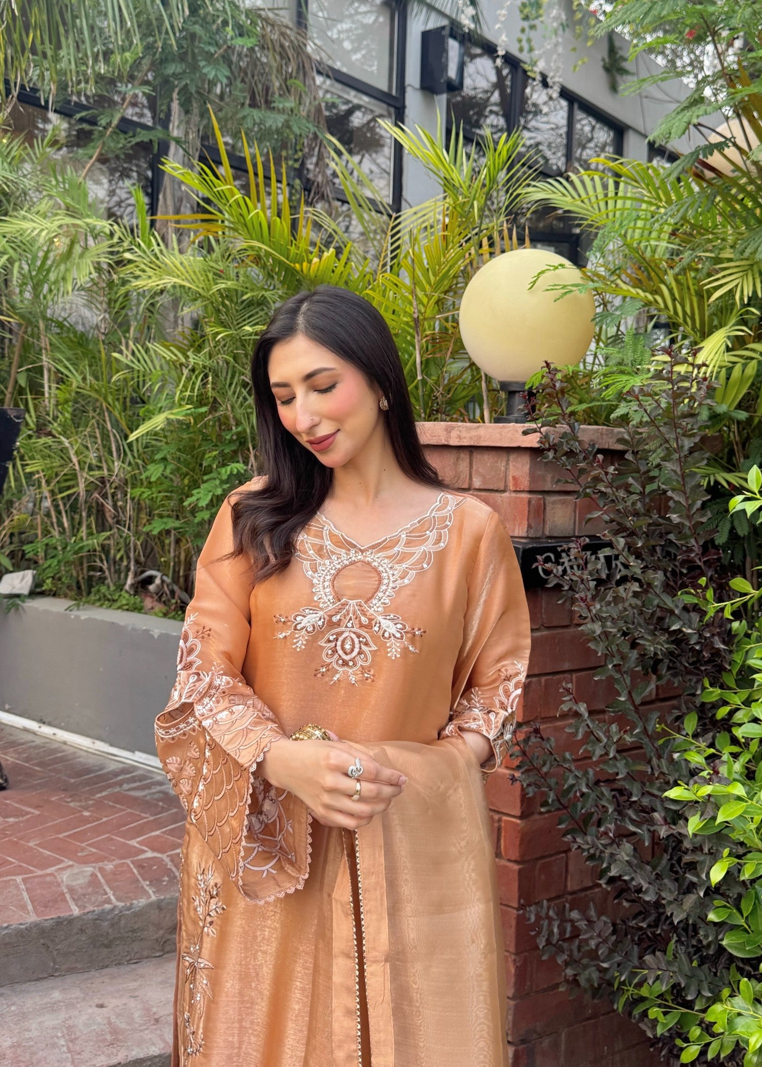tissue silk Kurta Set in Tan brown