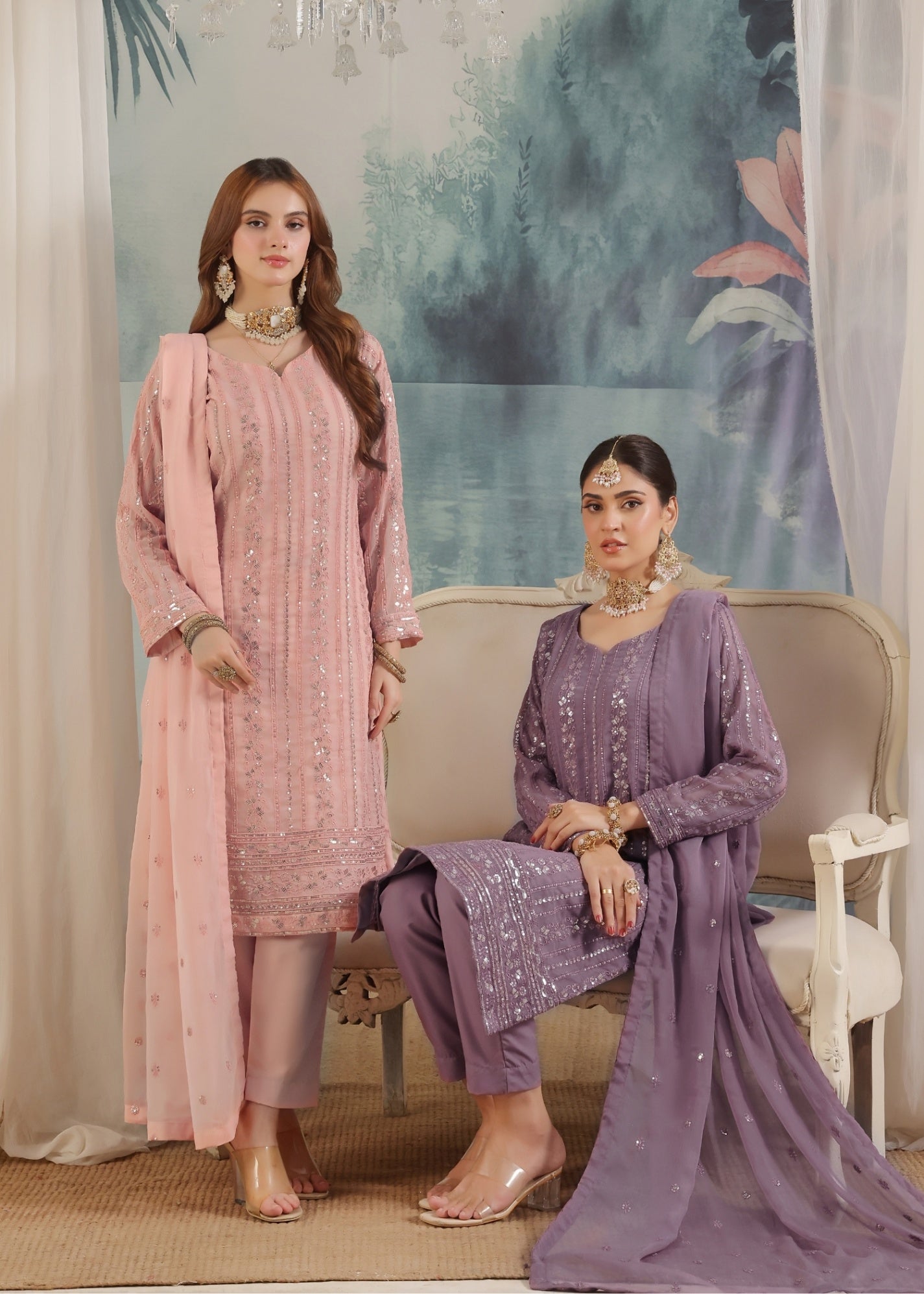 chiffon Kurta Set in Purple mountain majesty