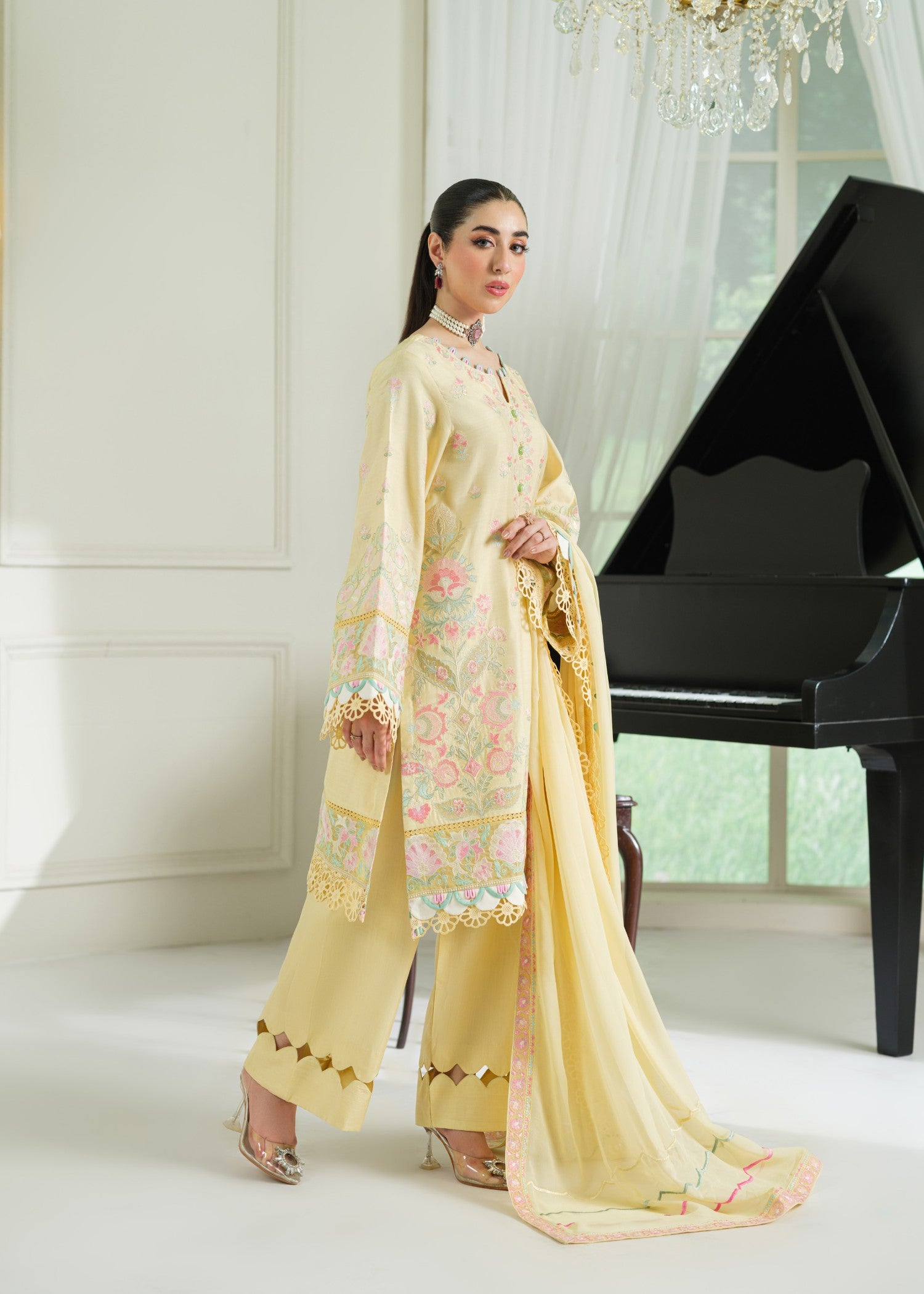 cambric cotton Kurta Set in Light yellow