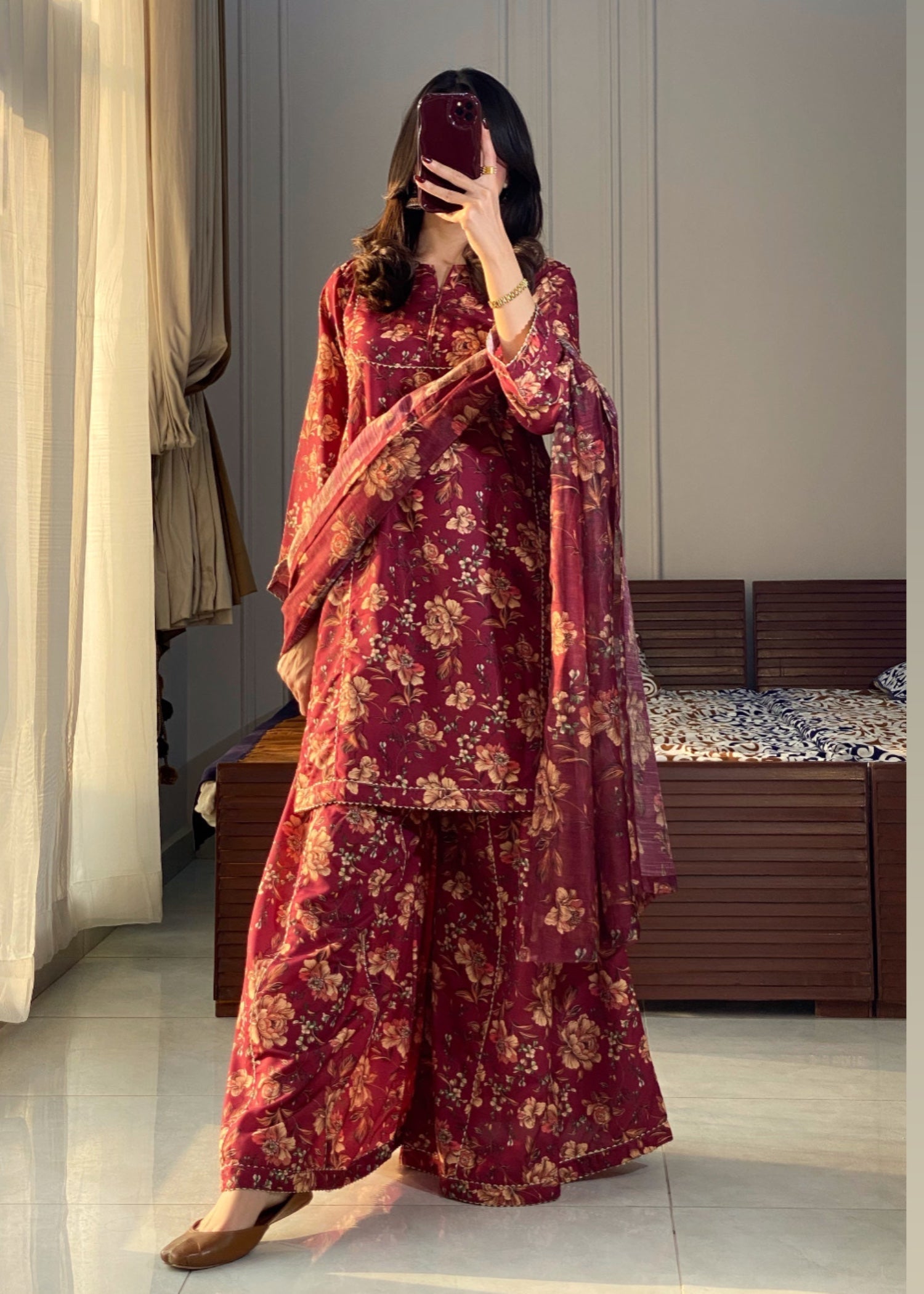 slub lawn Kurta Set in Maroon