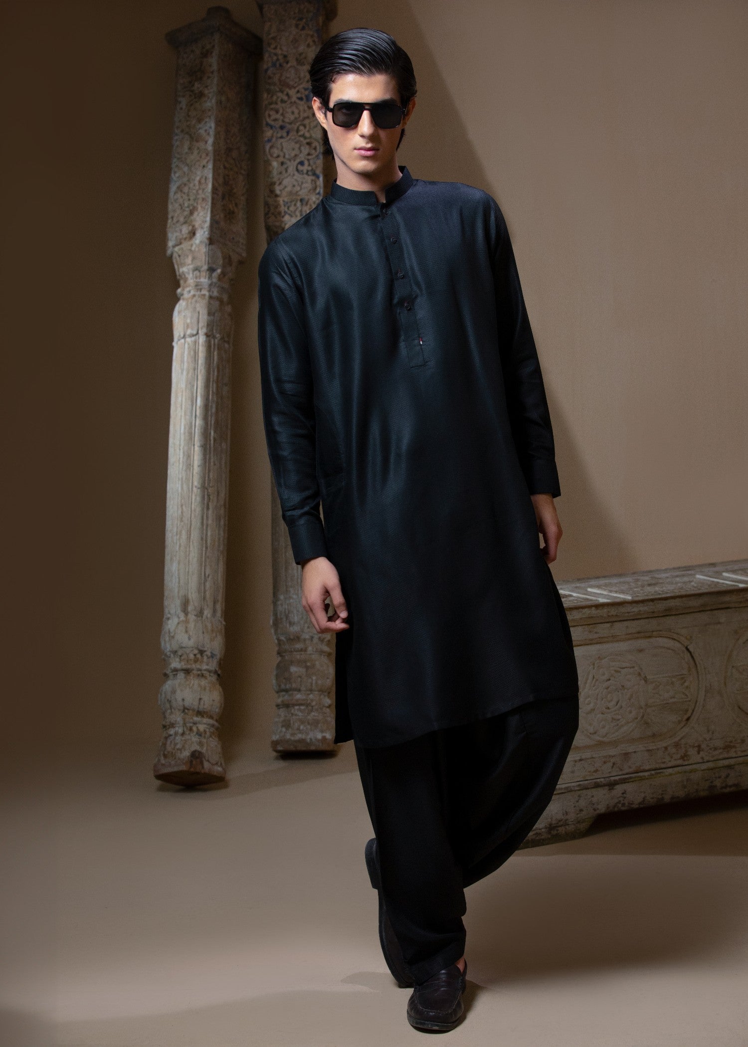 textured wash & wear Shalwar Kameez in Black
