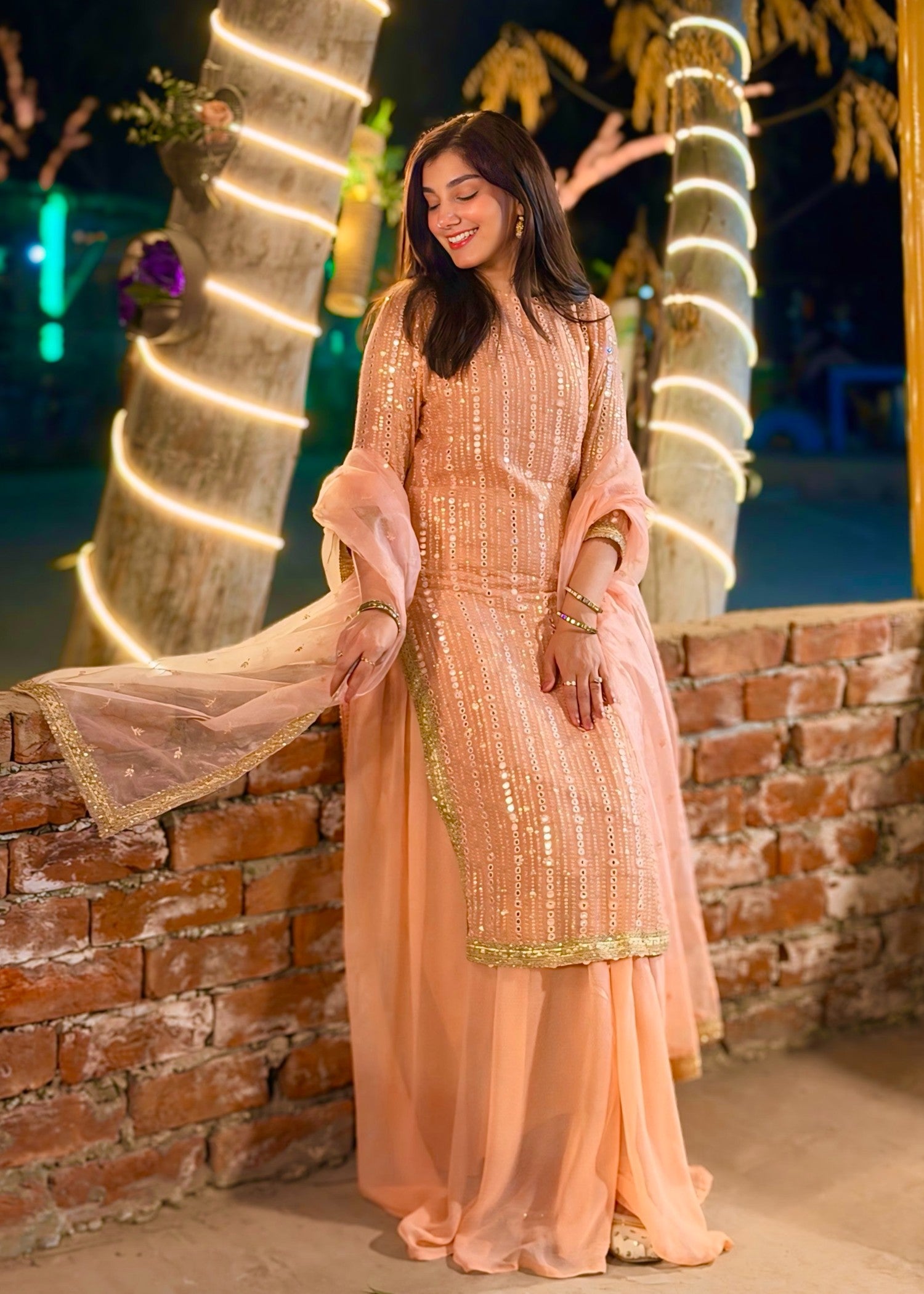 bemberg crinkle chiffon Sharara in Peach pink