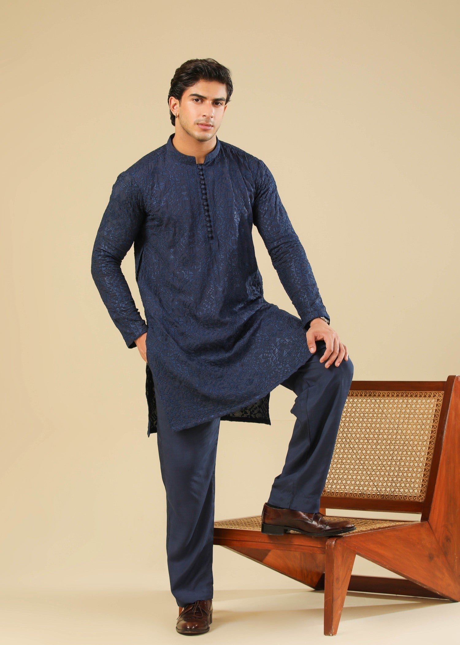 raw silk Kurta Set in Dark blue by Muraqsh
