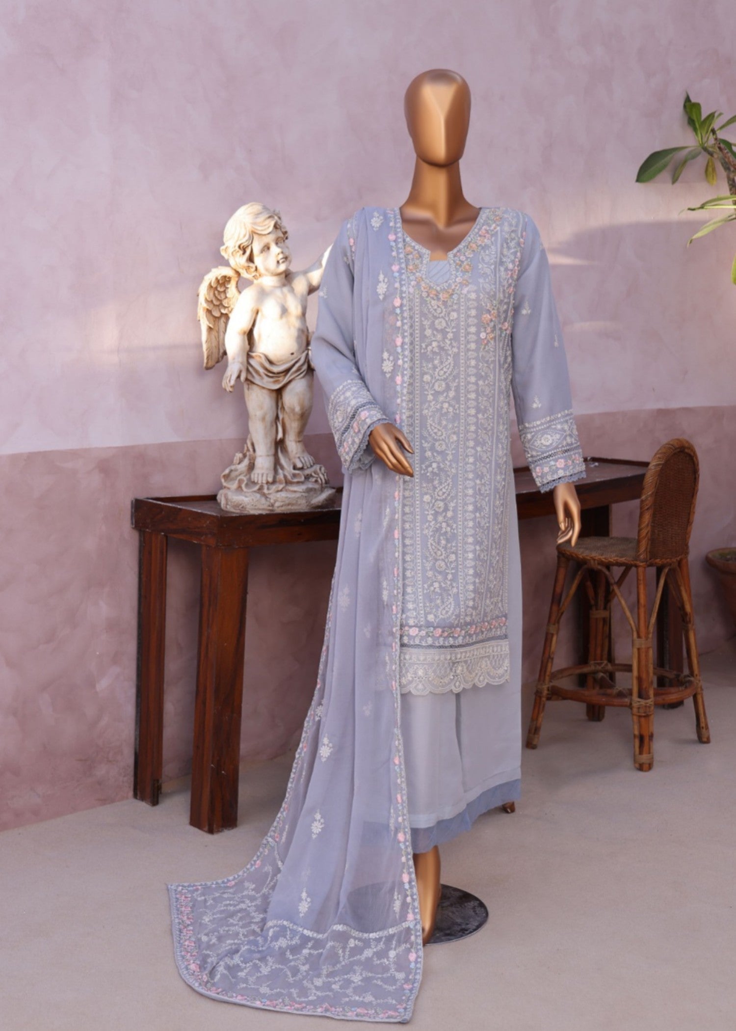 chiffon Kurta Set in Duck egg grey