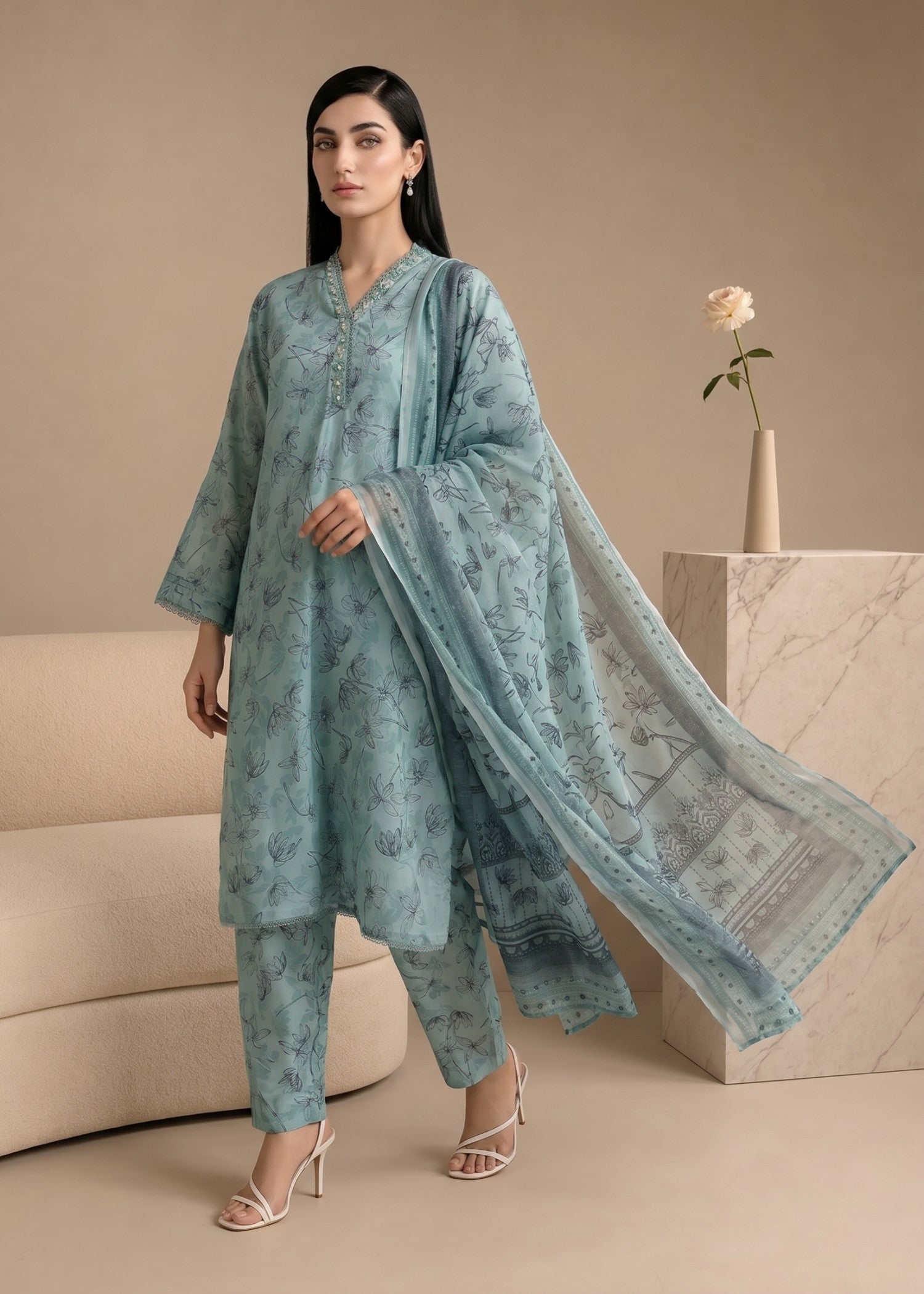 lawn Kurta Set in Sea green