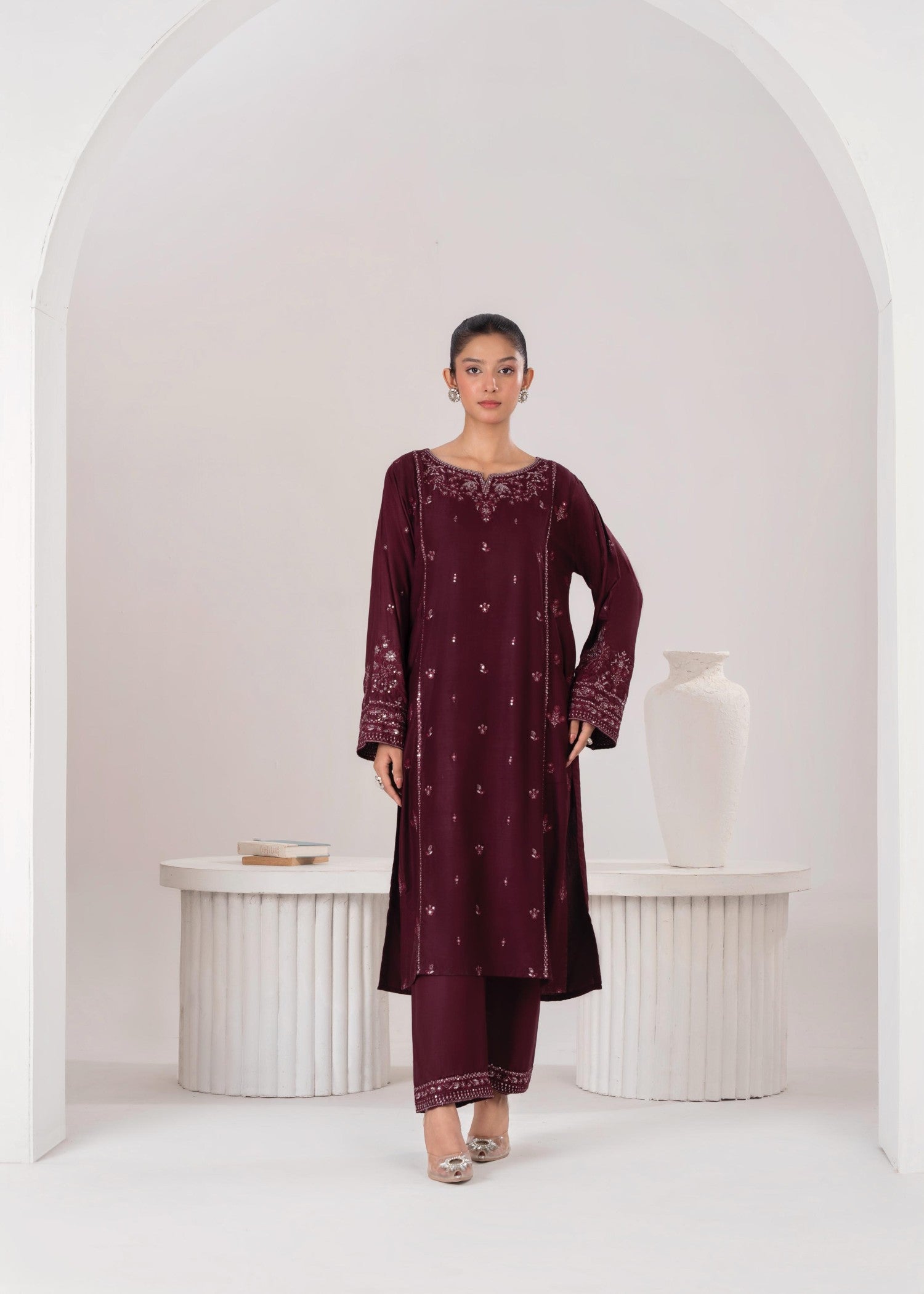 linen Kurta Set in Plum