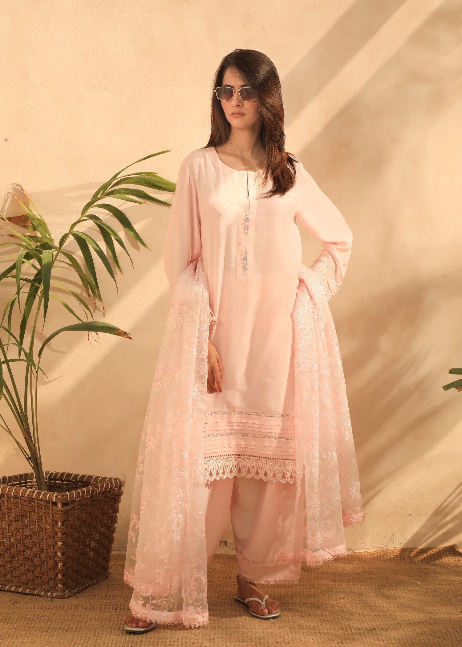 viscose raw silk Kurta Set in Pastel pink