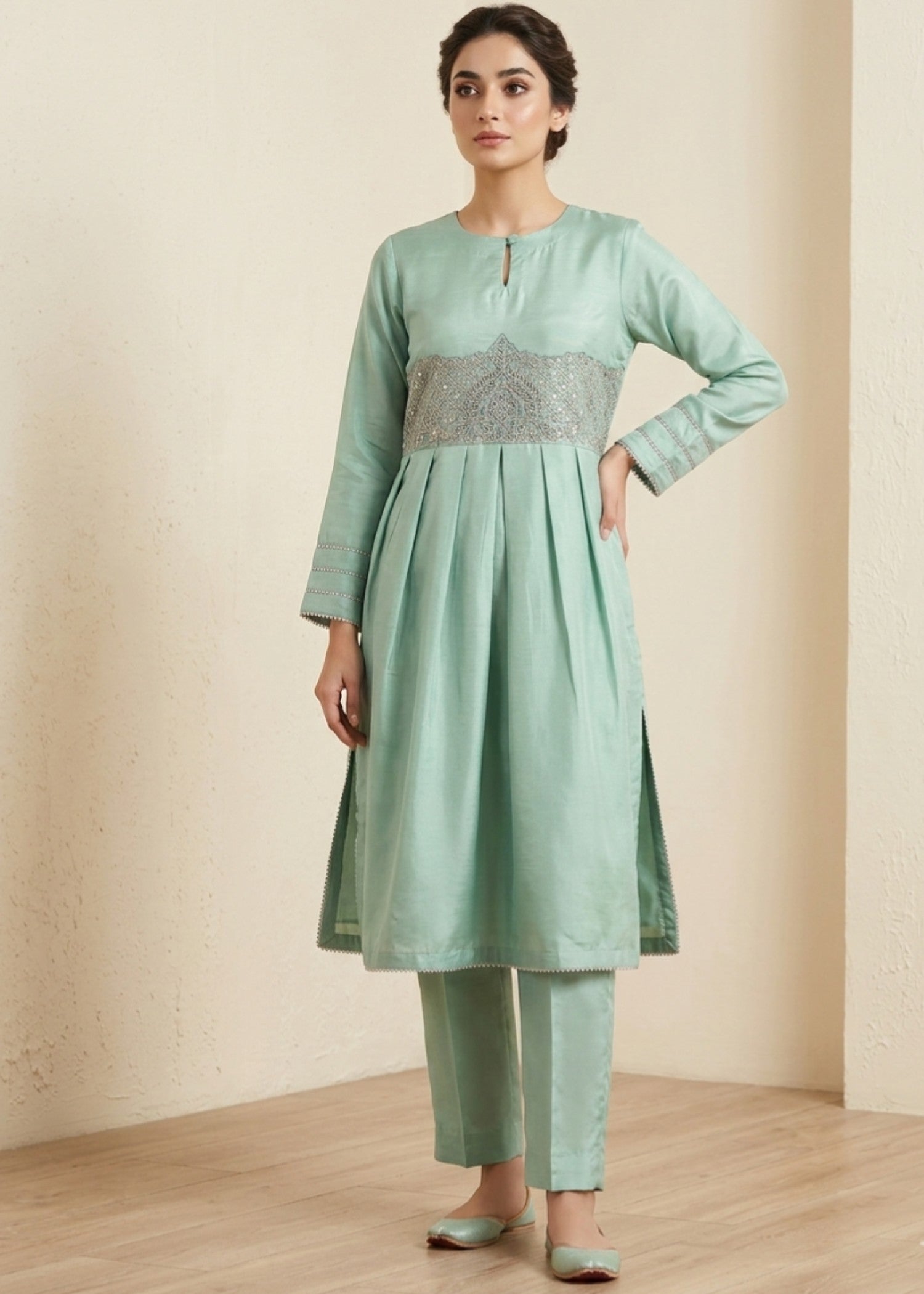 raw silk Short Frock in Tea green
