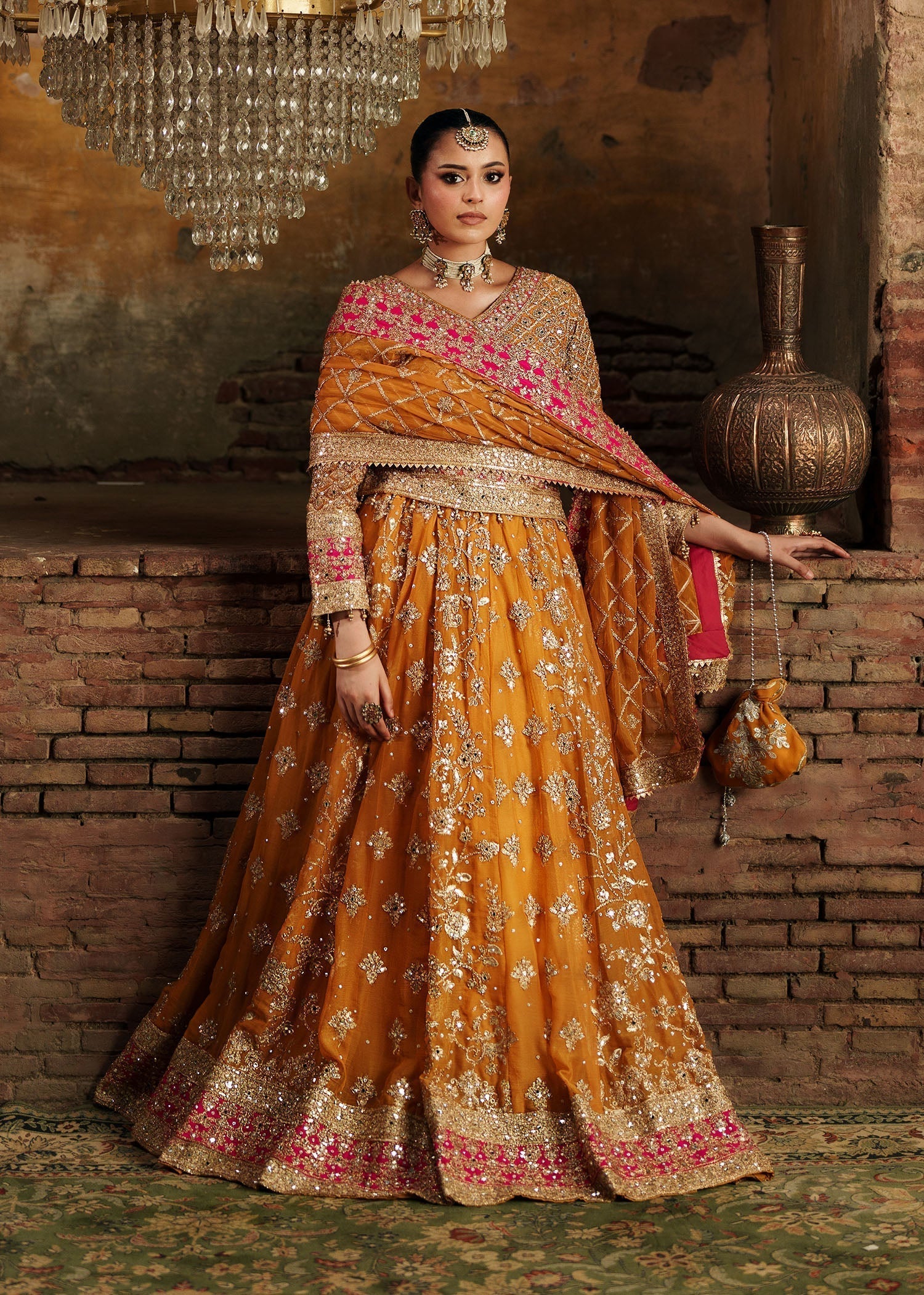 chiffon Lehenga in Yellow-orange