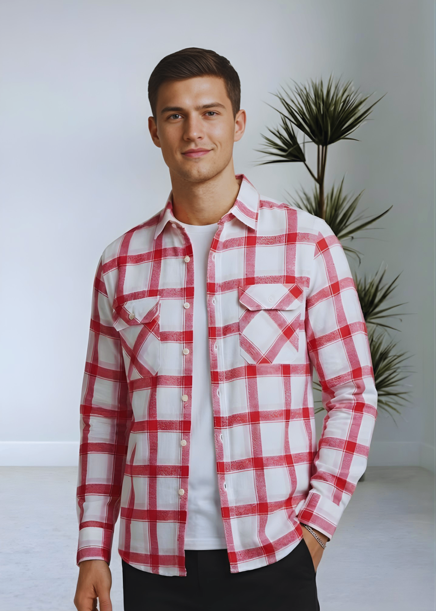 flannel Casual Shirt in White, red