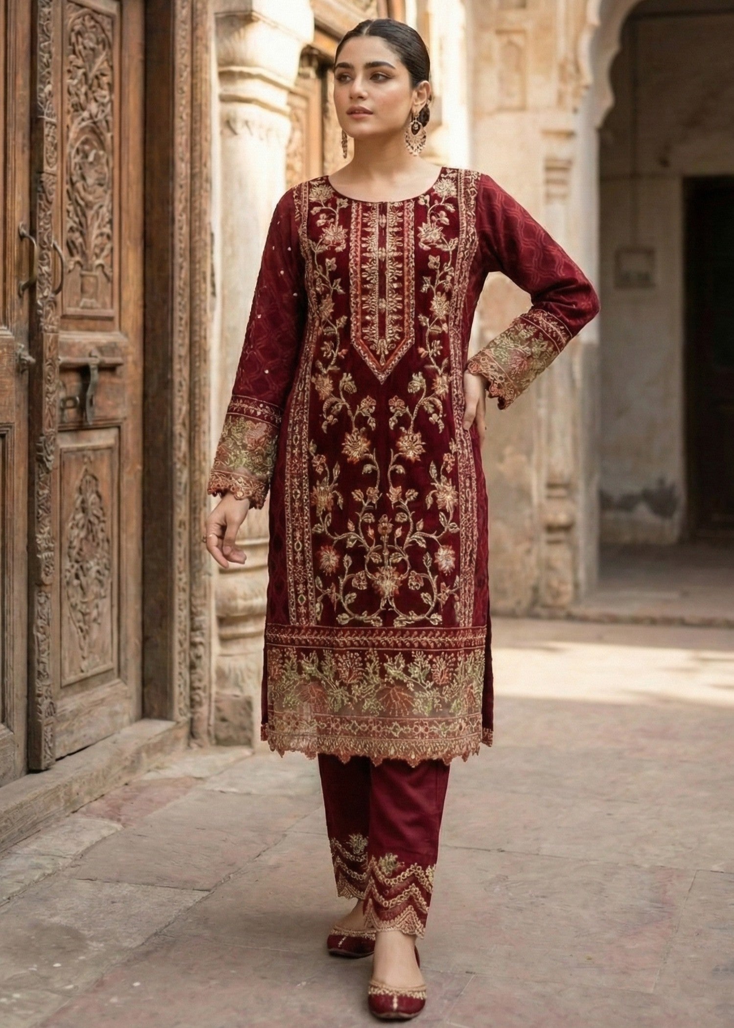 jacquard organza Kurta Set in Maroon