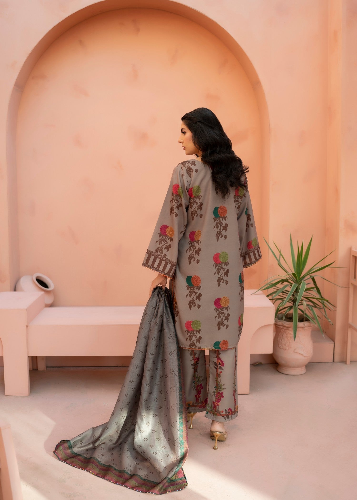 poly lawn Kurta Set in Brown
