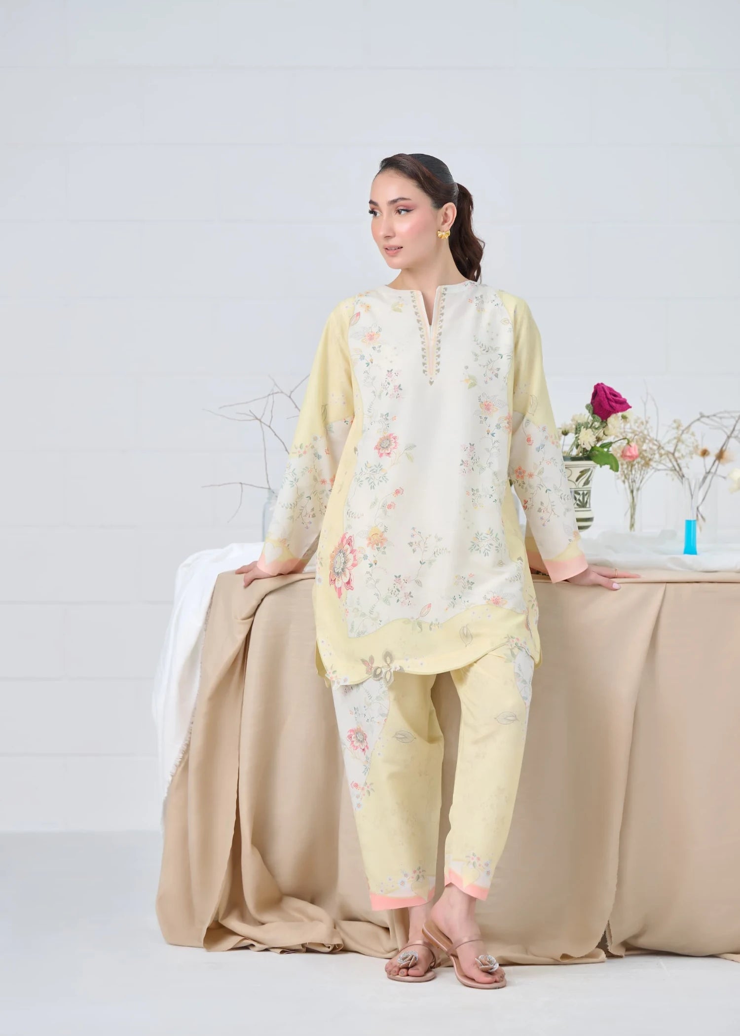 raw silk Co Ord Sets in White, light yellow