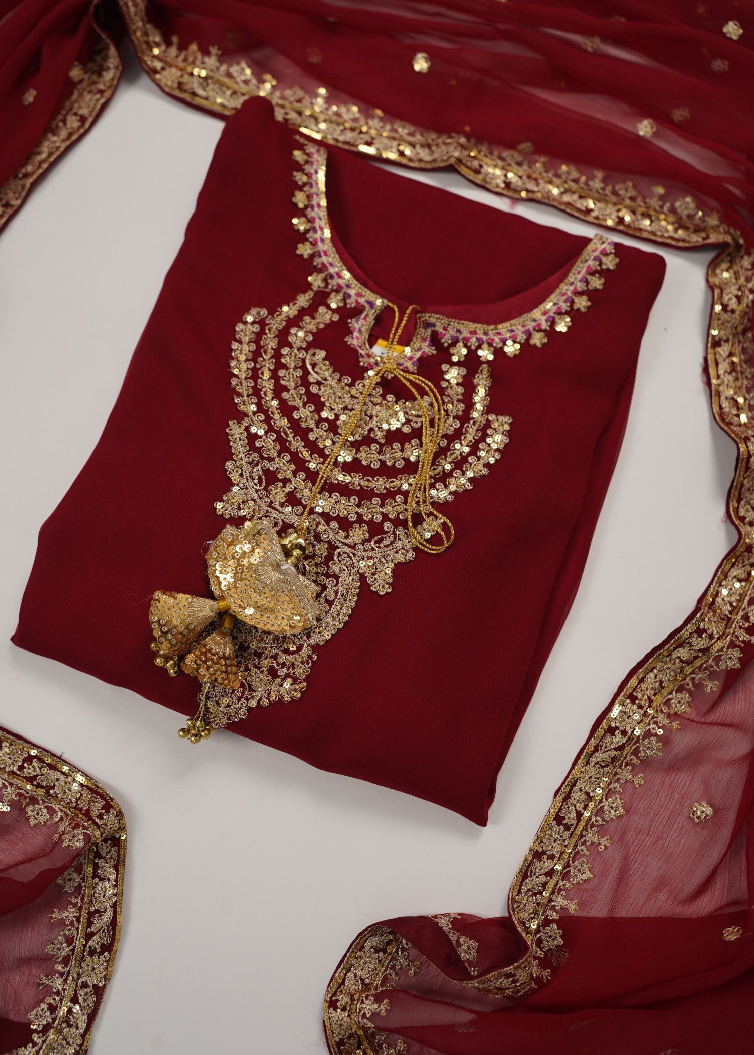 chiffon Kurta Set in Deep carmine