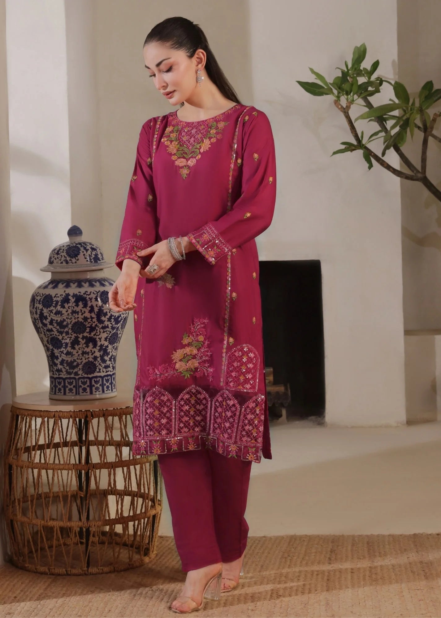 lawn cotton Kurta Set in Magenta