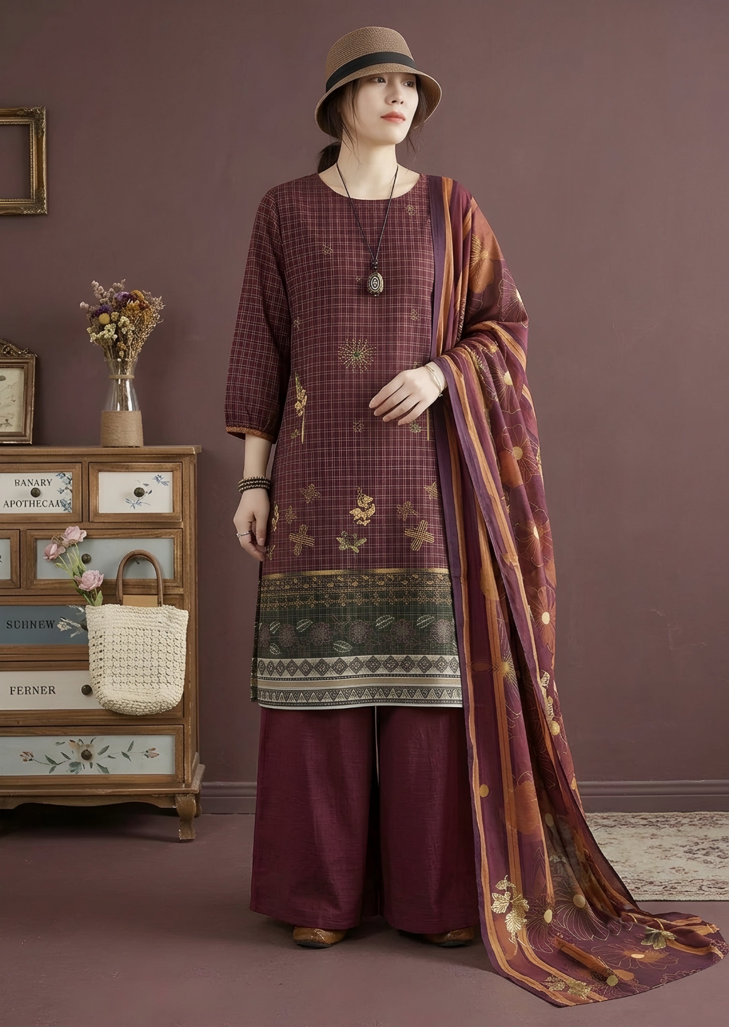 khaddar Unstitched in Blood red