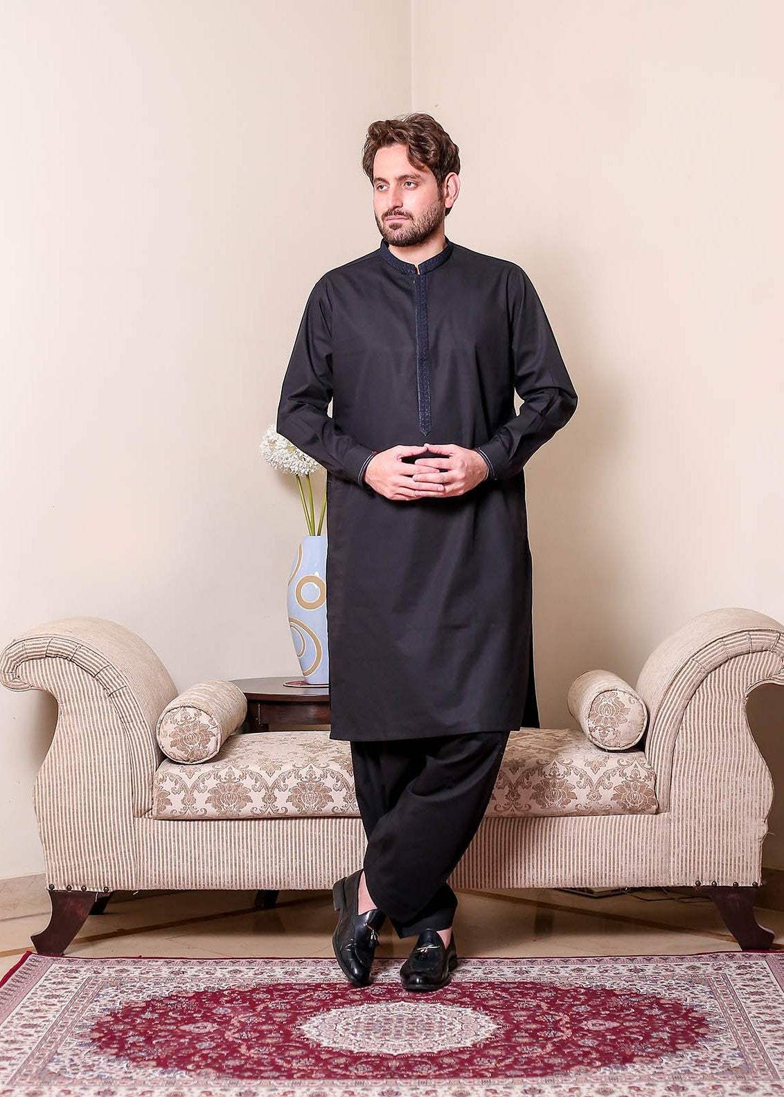 cotton satin Shalwar Kameez in Black