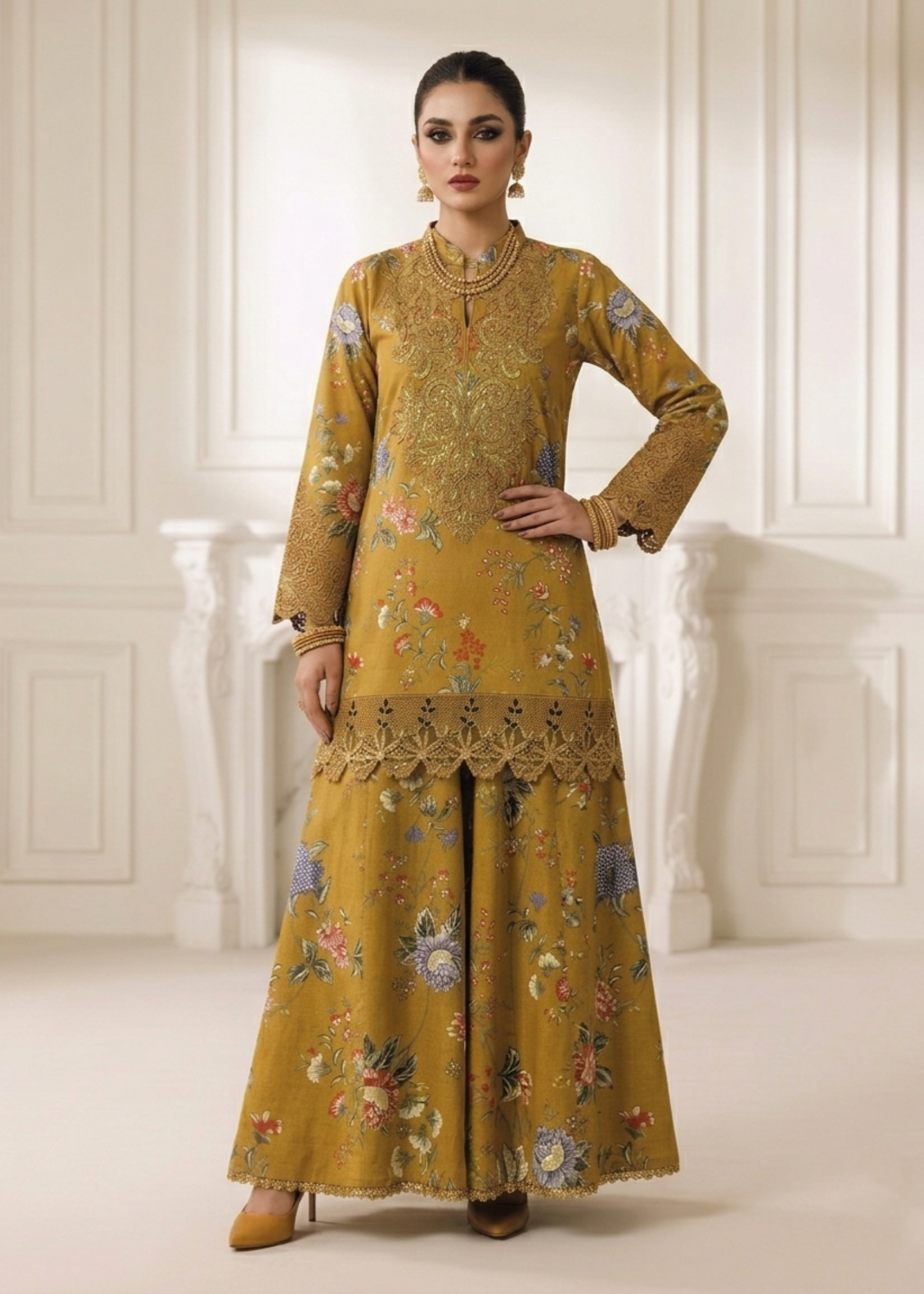 lawn Sharara in Mustard
