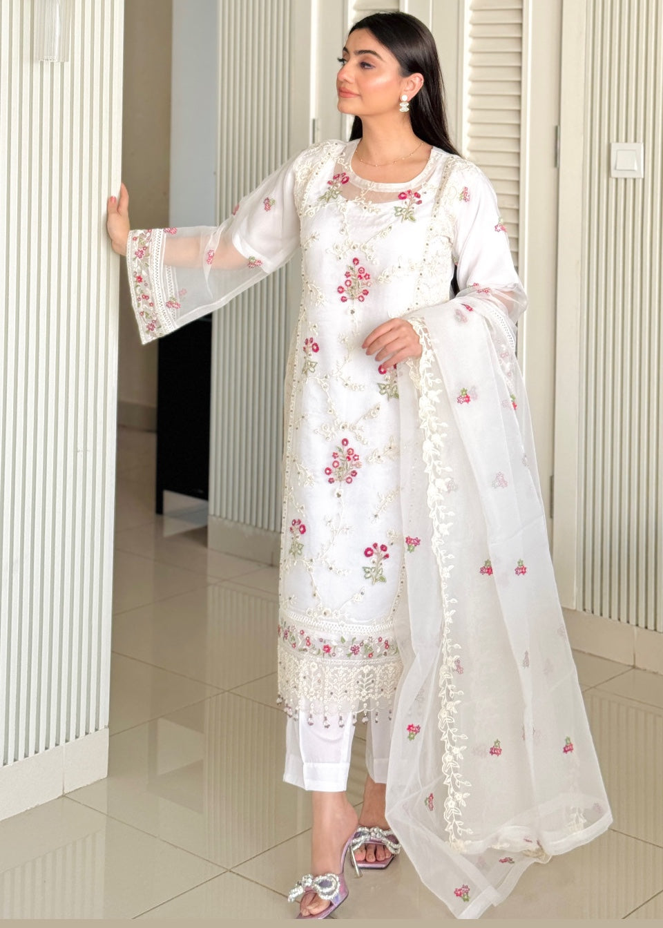 organza Kurta Set in White