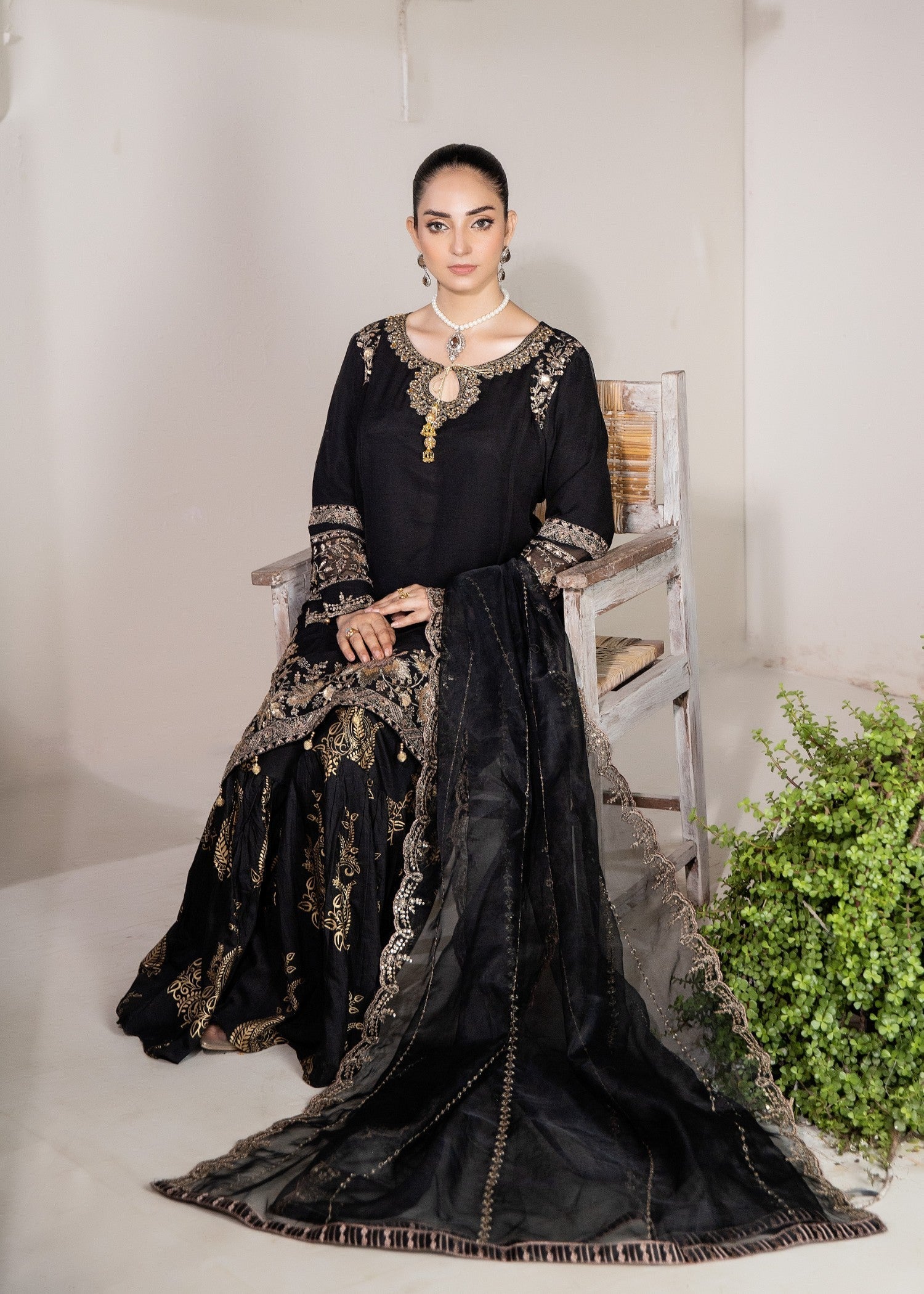 chiffon Gharara in Jet black