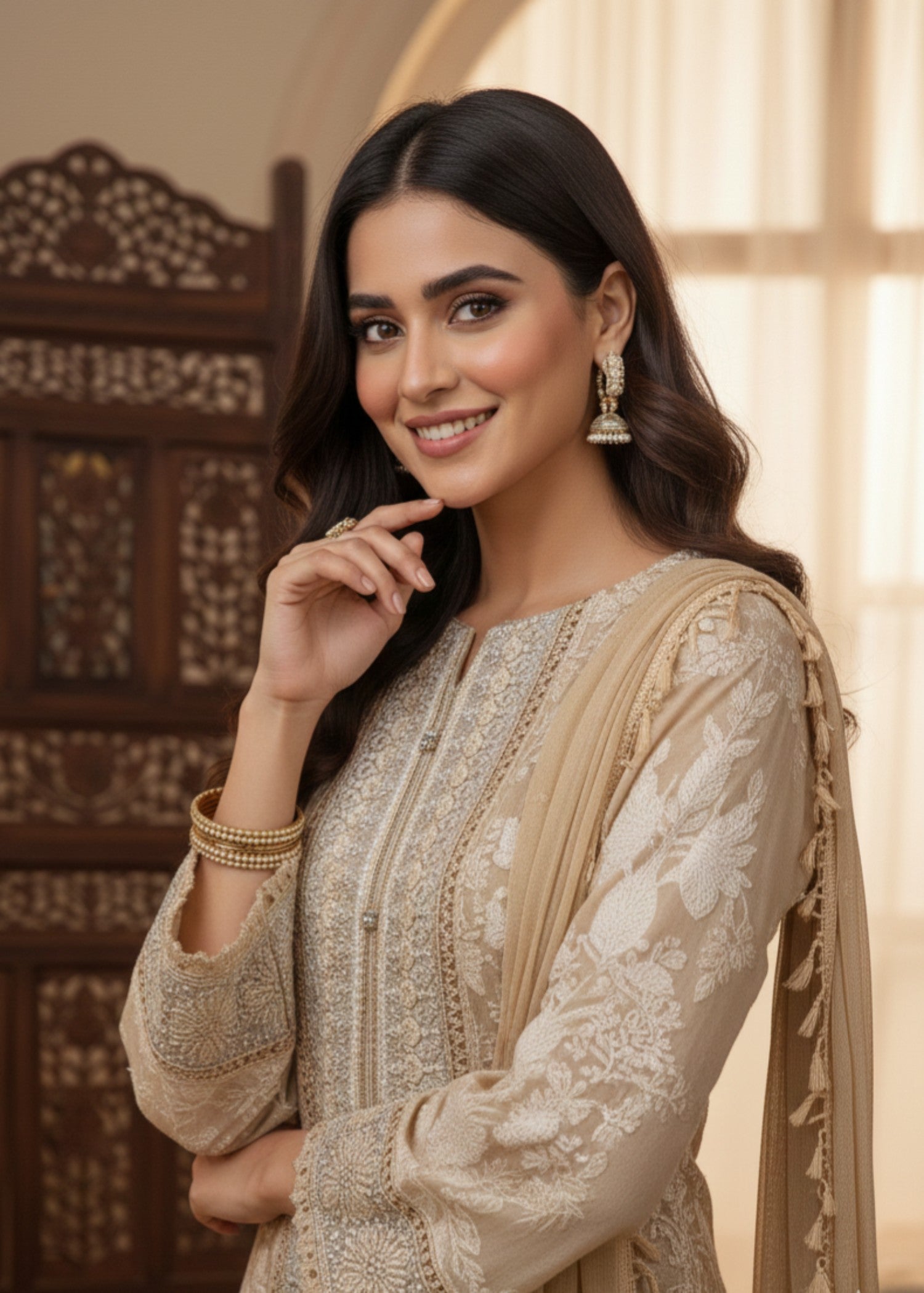organza Kurta Set in Camel brown